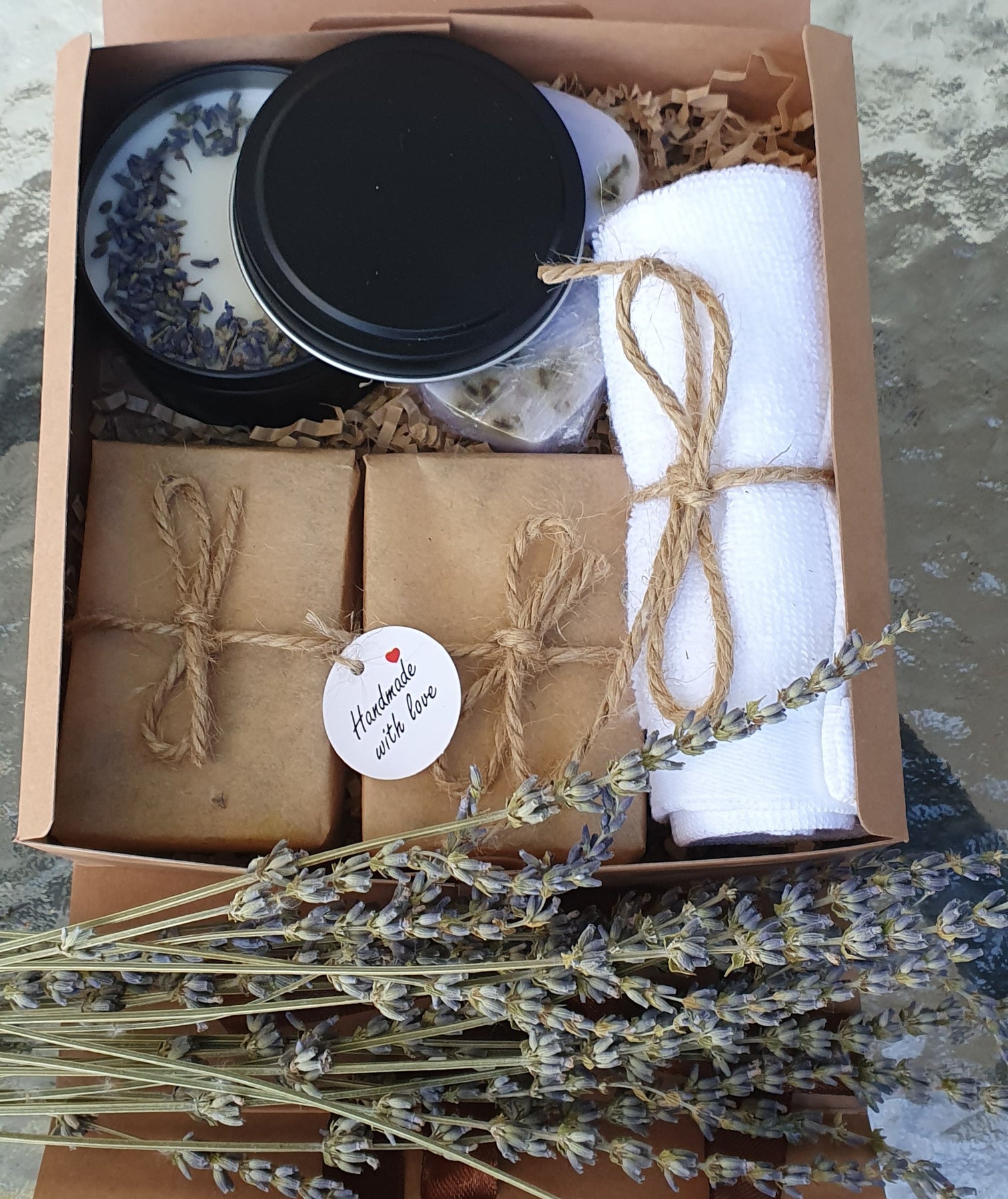 Goat Milk Soap Soy Candle Gift Set: Custom Scents, Face Towel or Dried Lavender Bundle.
