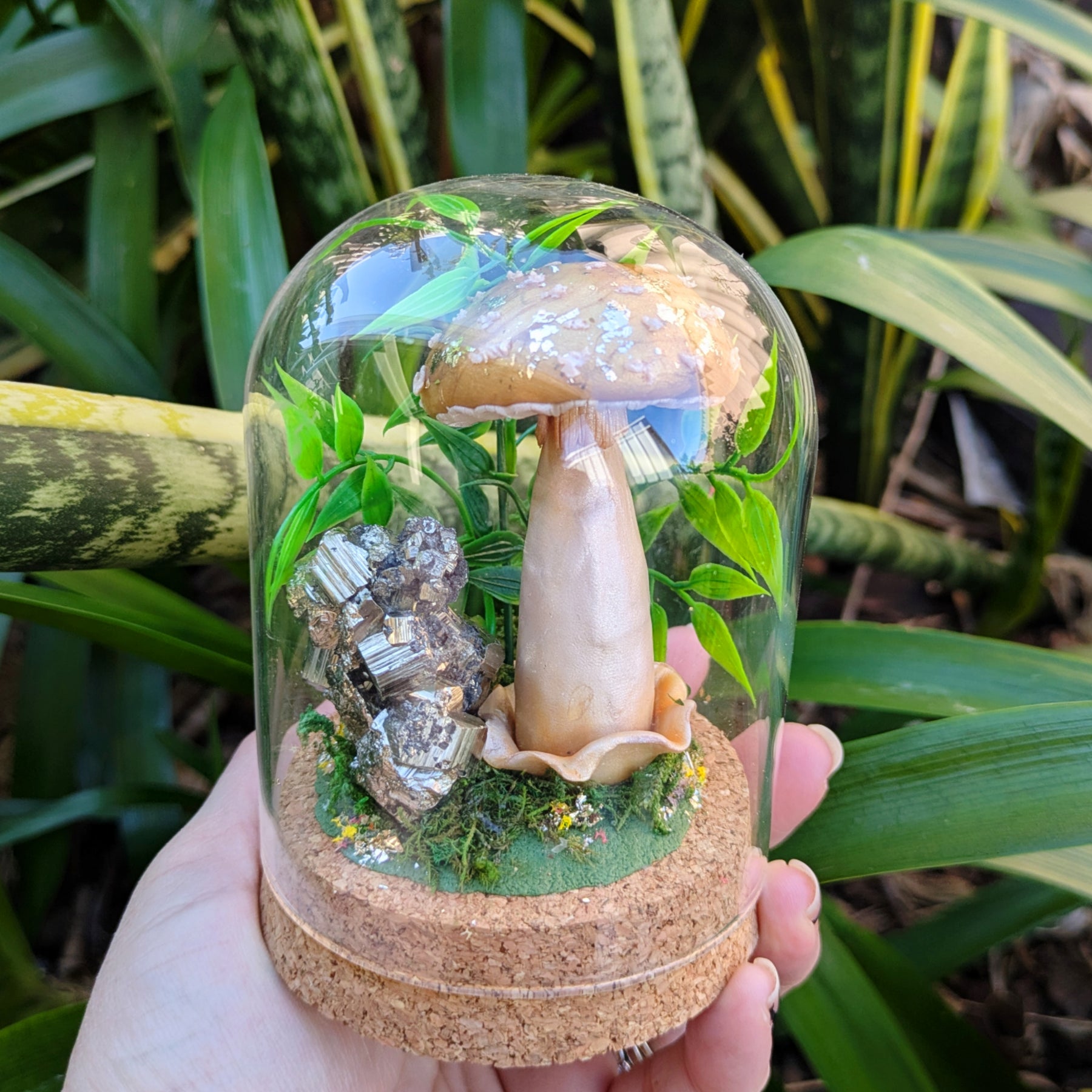 Golden Woodland Mushroom with Pyrite crystal in Glass dome
