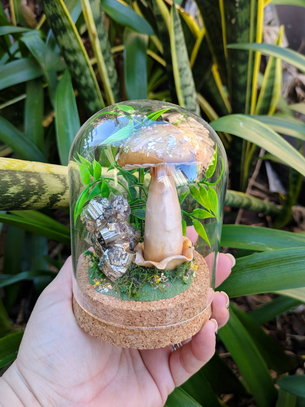 Golden Woodland Mushroom with Pyrite crystal in Glass dome