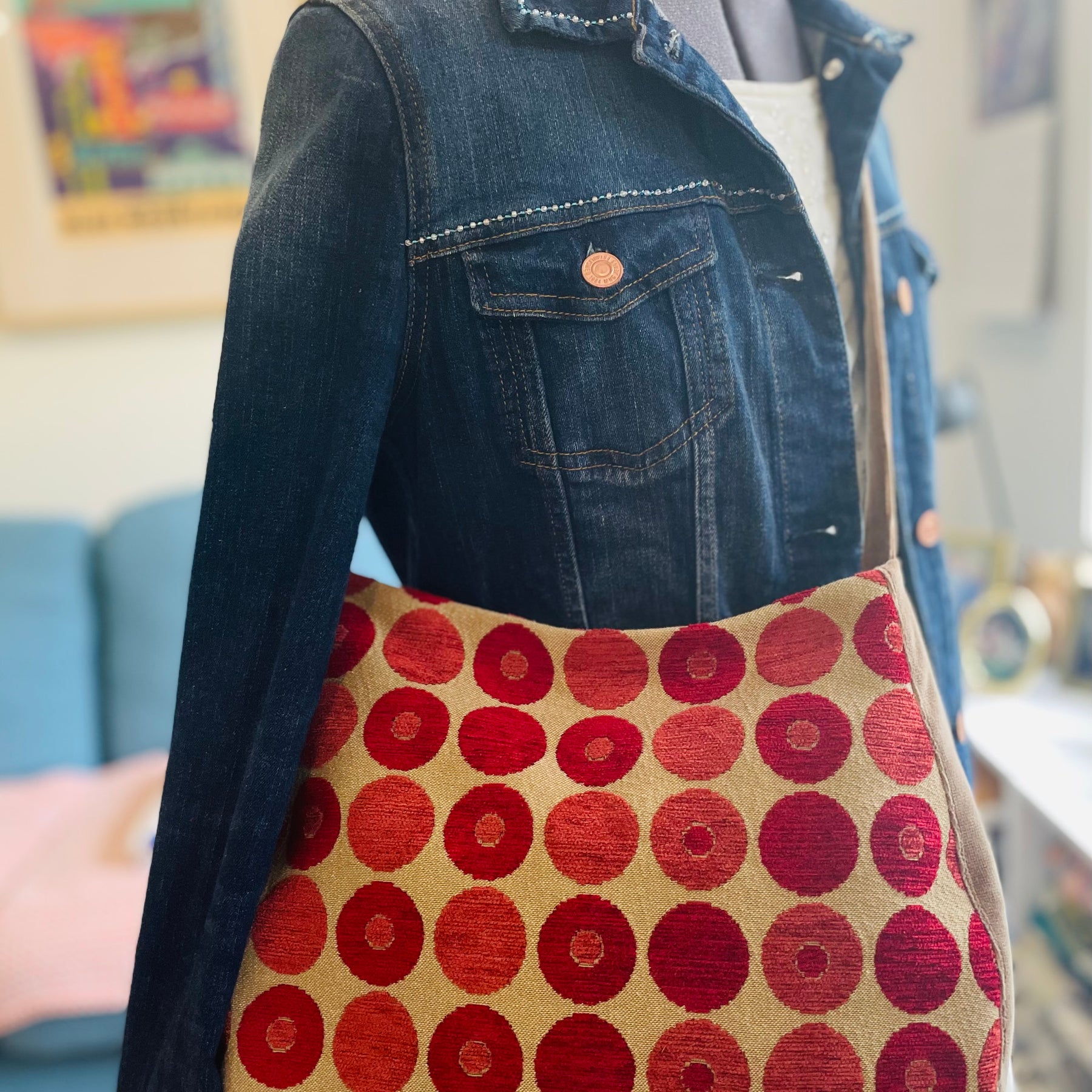Red Spotty Velvet Tote Bag, Upcycled