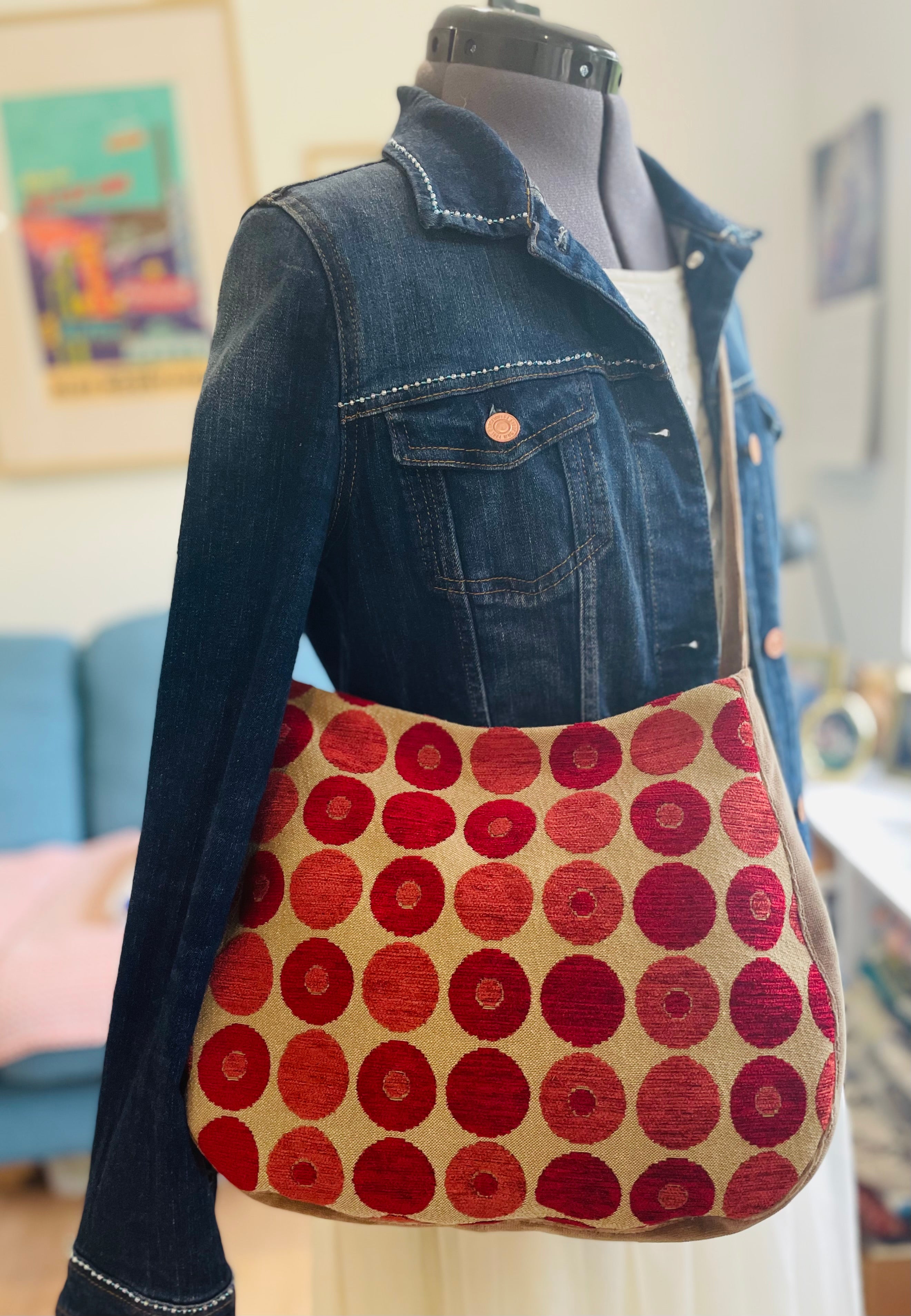 Red Spotty Velvet Tote Bag, Upcycled