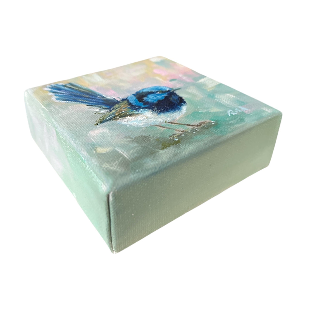 Mini Fairywren Oil Painting, Bird Portrait on Mini Canvas 4"x4"