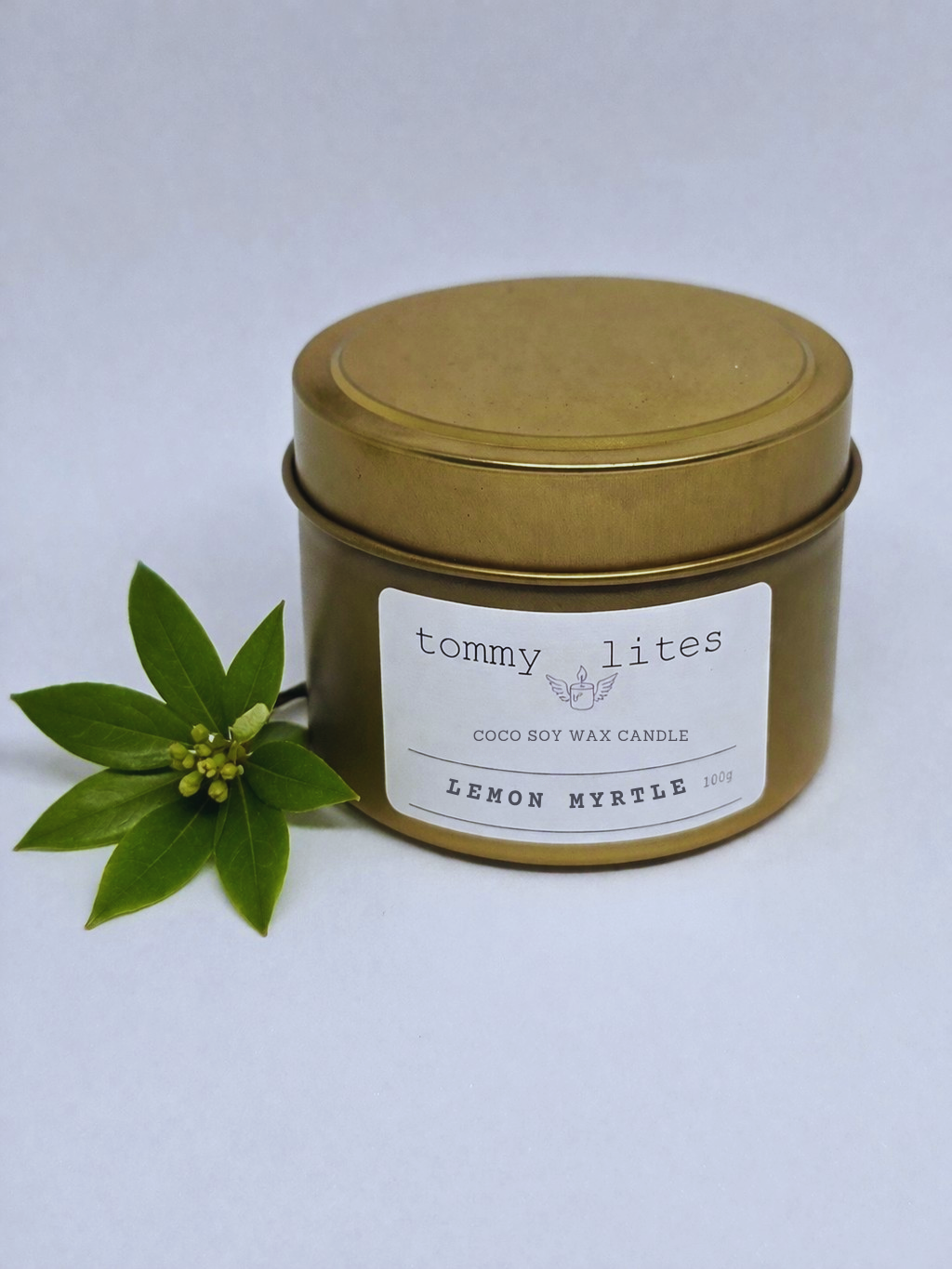 Gold tin Coco Soy wax candle -Lemon Myrtle