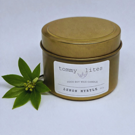 Gold tin Coco Soy wax candle -Lemon Myrtle