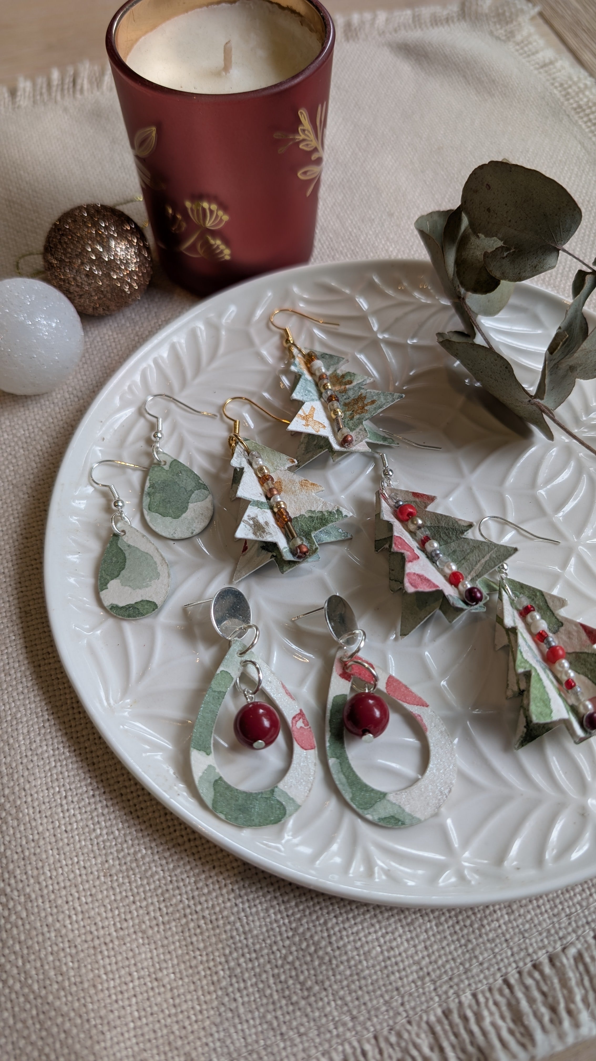 Handmade Watercolour Paper Earrings – Christmas Collection