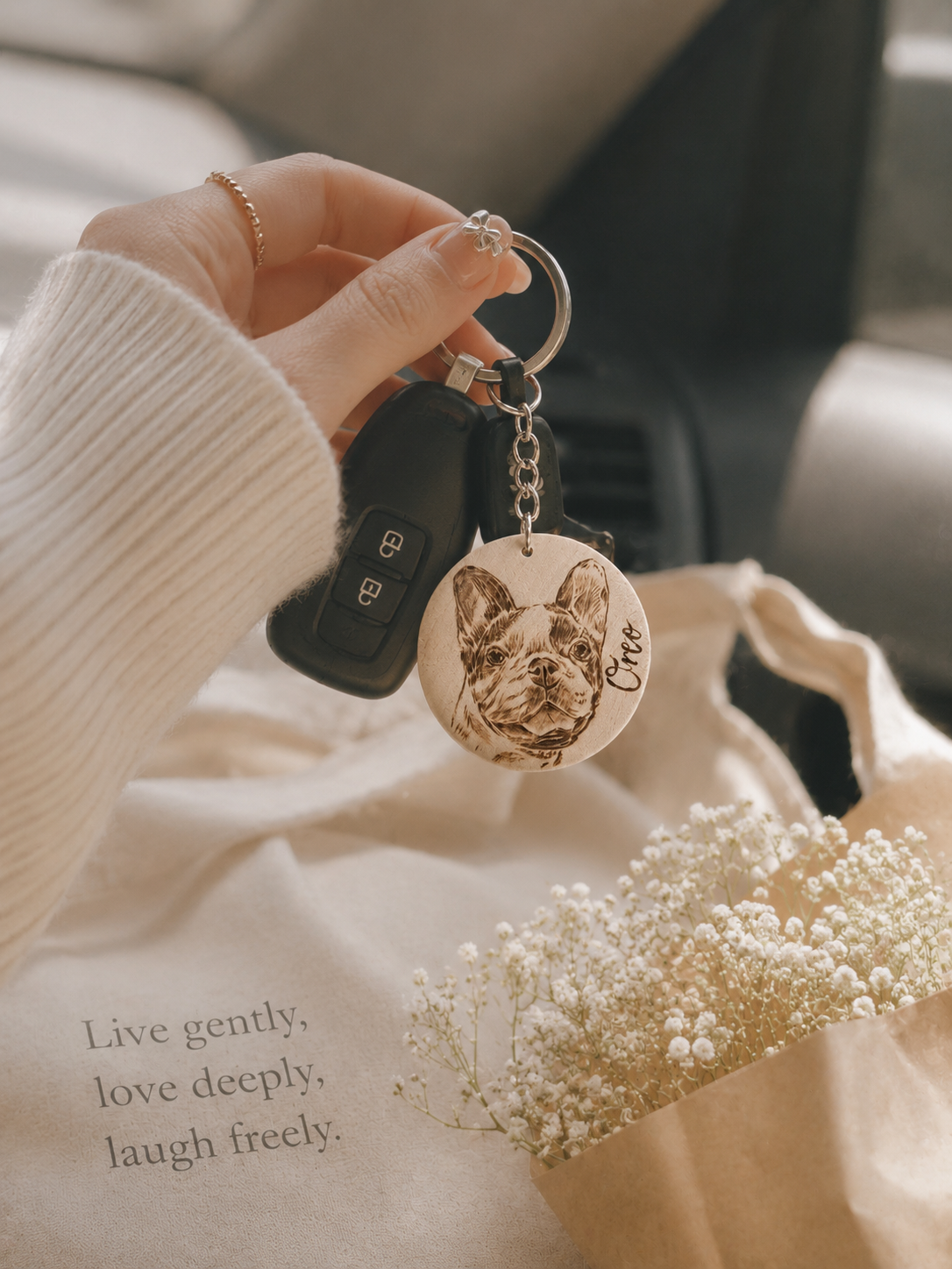 Custom Pet Portrait Key Ring – Handmade Pyrography on Wood