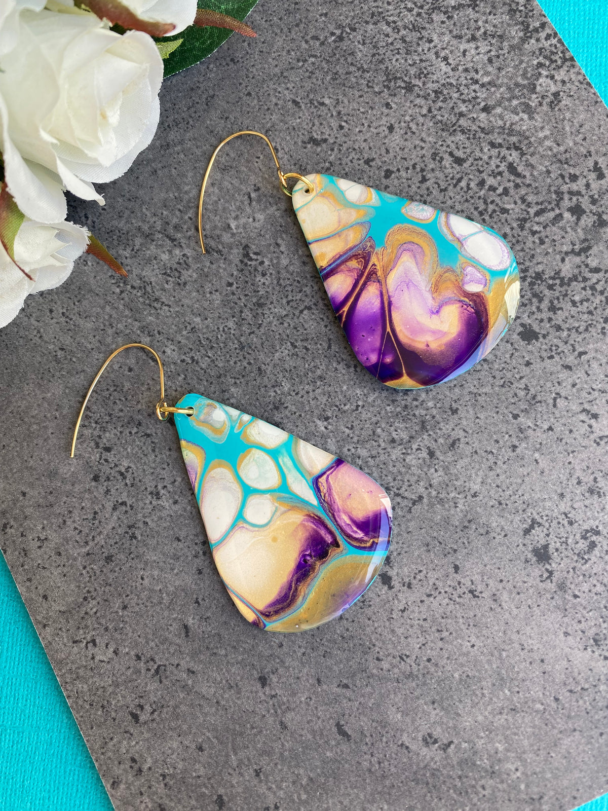 Stunning Turquoise and Gold Abstract Art Earrings