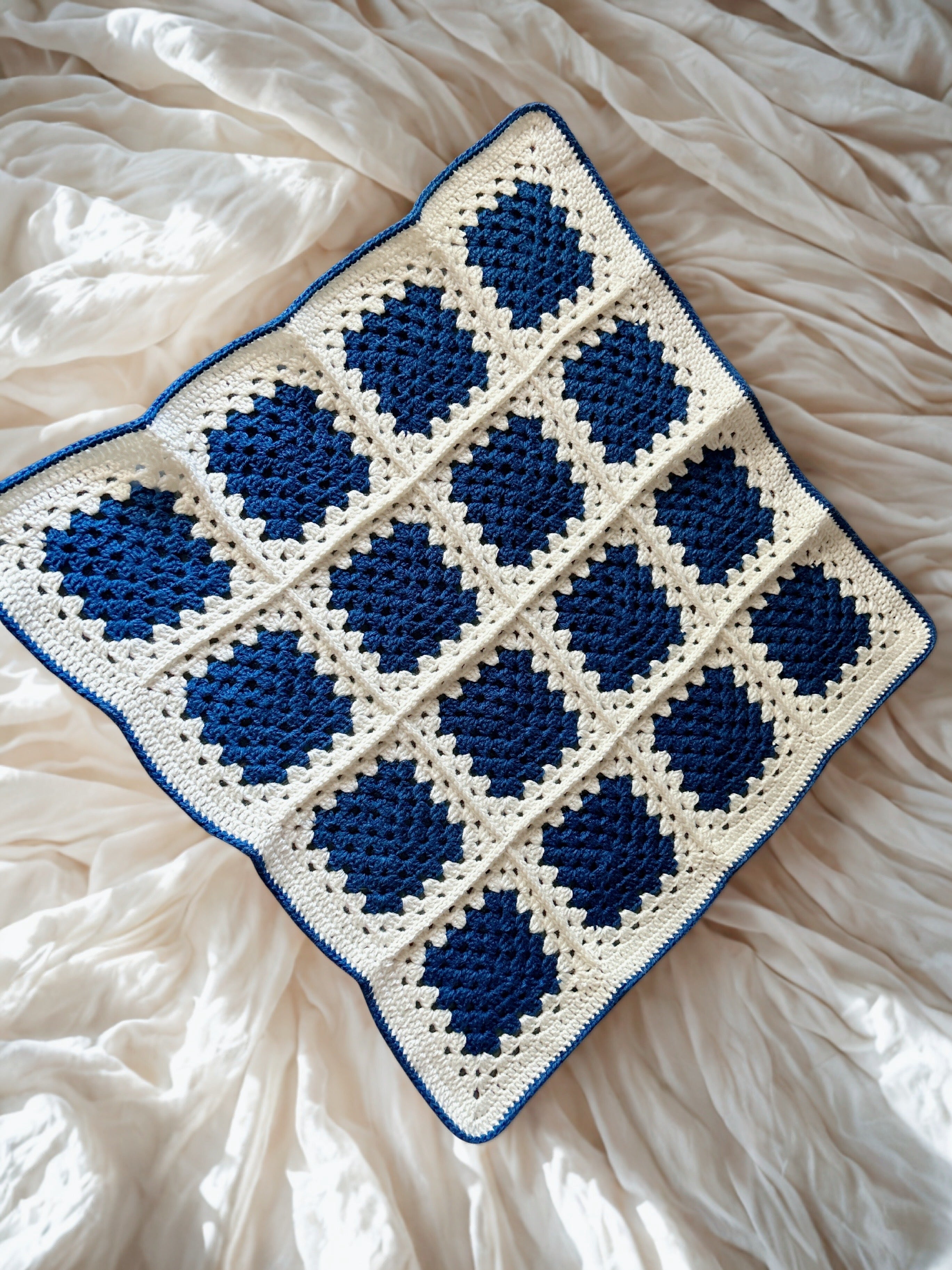 Handmade Crochet Baby Blanket – Royal Blue & Cream Granny Square