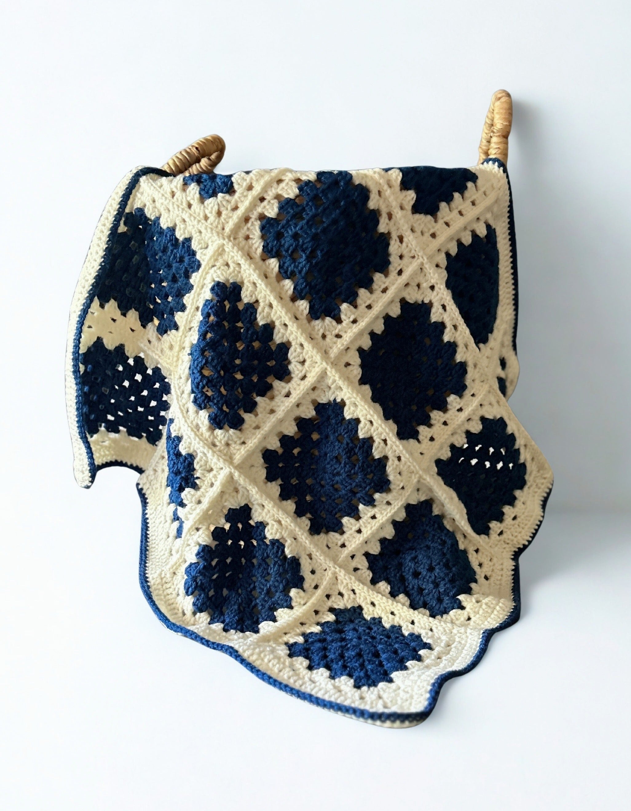 Crochet Baby Blanket, Royal Blue and Cream Granny Square Design
