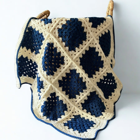 Handmade Crochet Baby Blanket – Royal Blue & Cream Granny Square