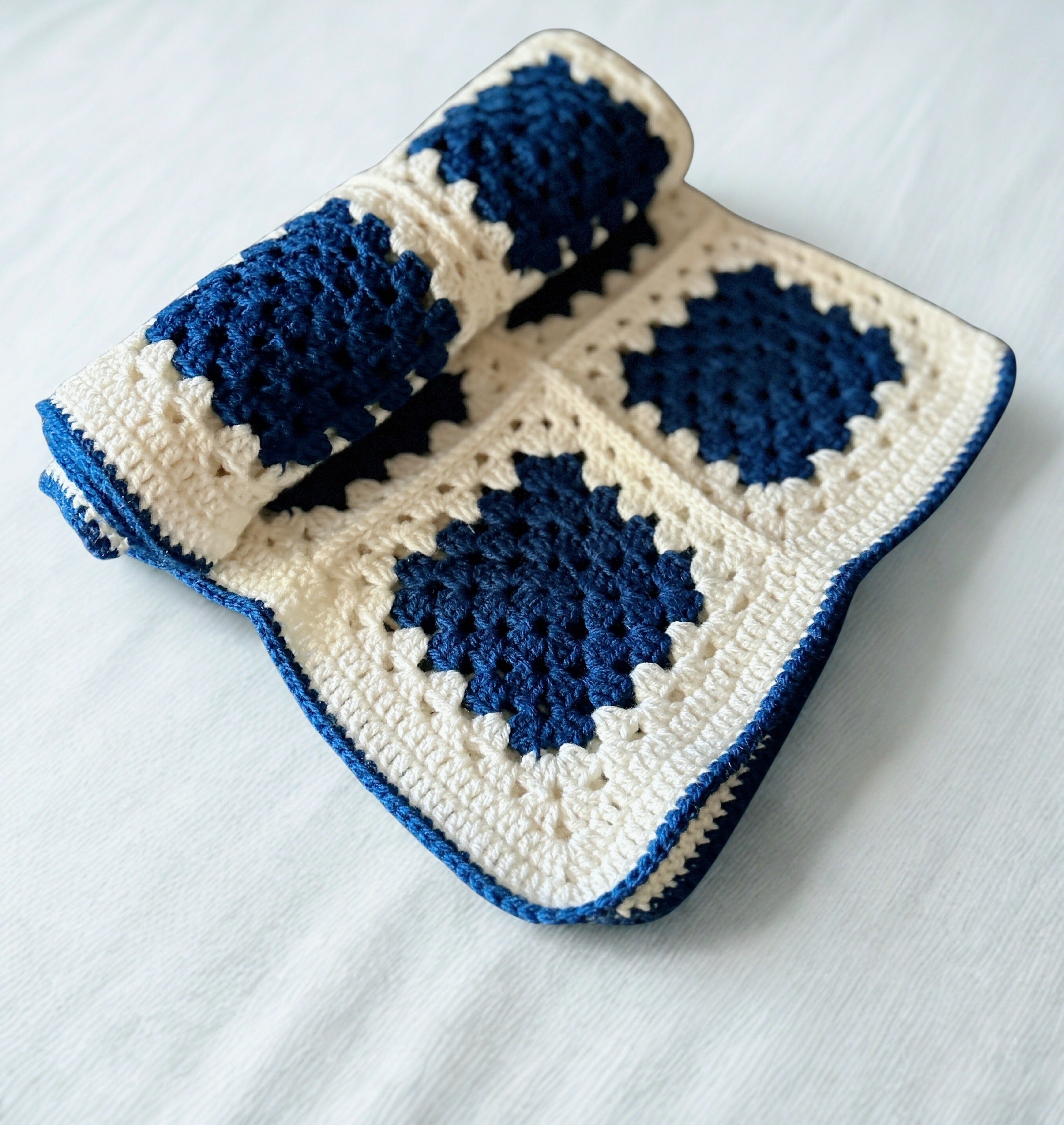 Handmade Crochet Baby Blanket – Royal Blue & Cream Granny Square