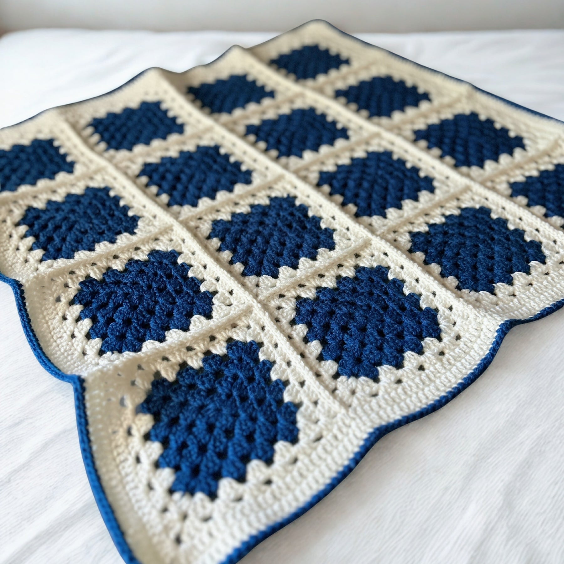 Handmade Crochet Baby Blanket – Royal Blue & Cream Granny Square