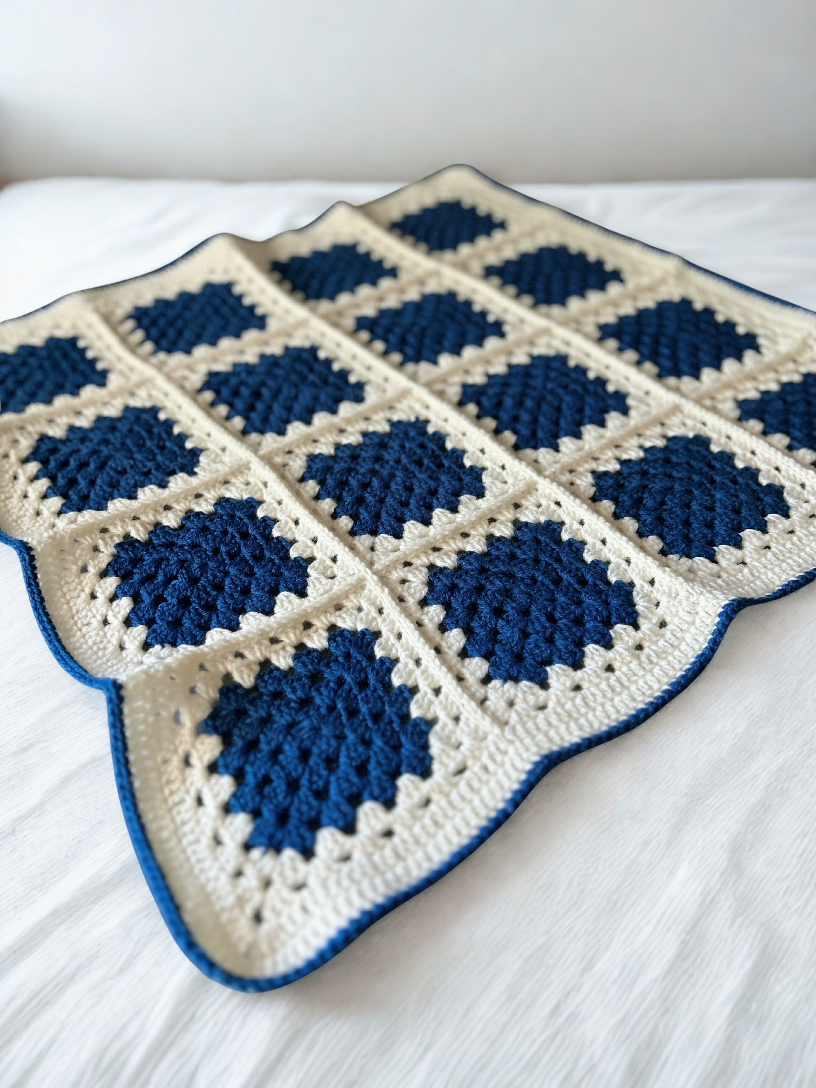Handmade Crochet Baby Blanket – Royal Blue & Cream Granny Square
