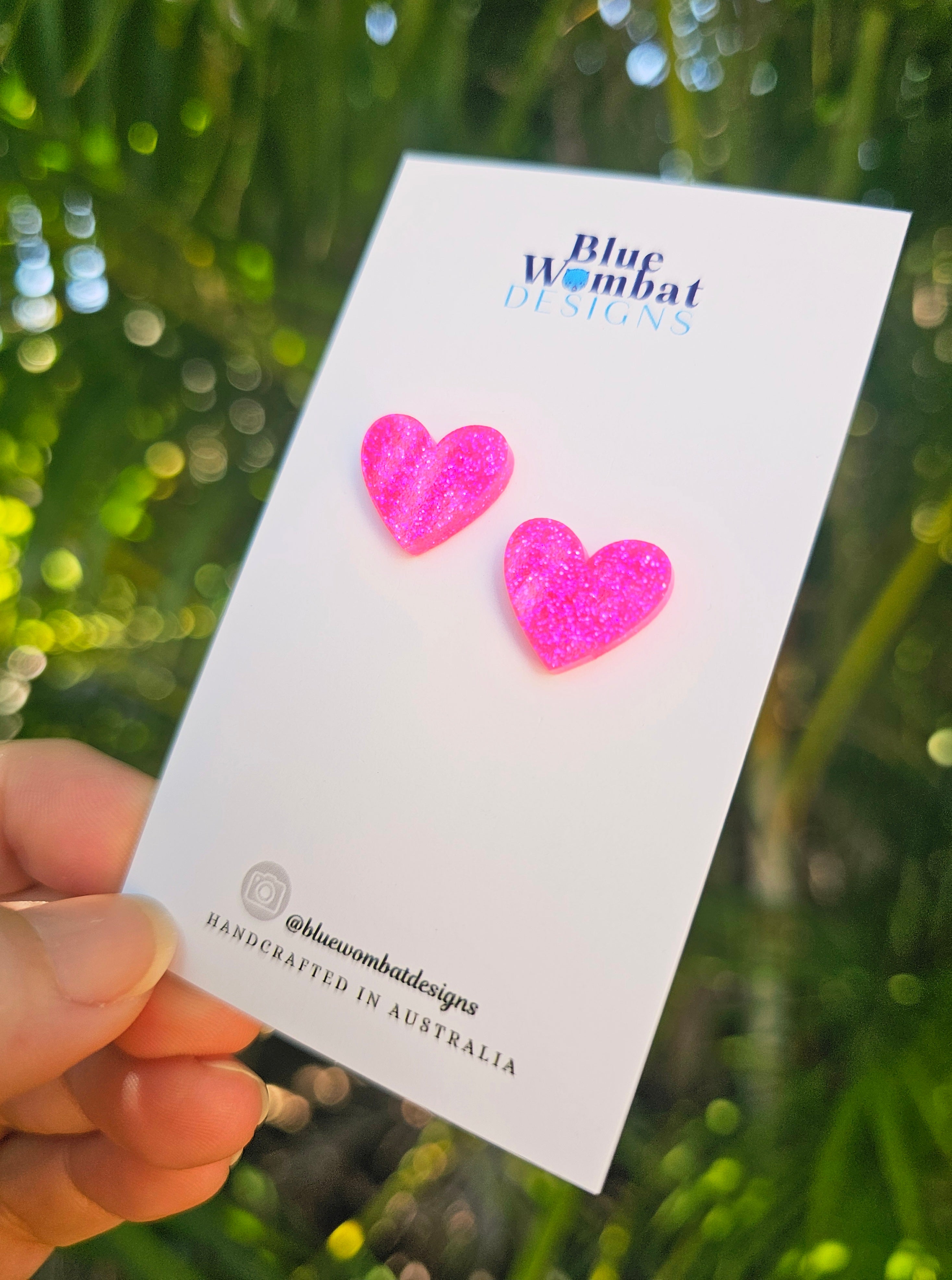 Pink Glitter Resin Love Heart Studs 16mm