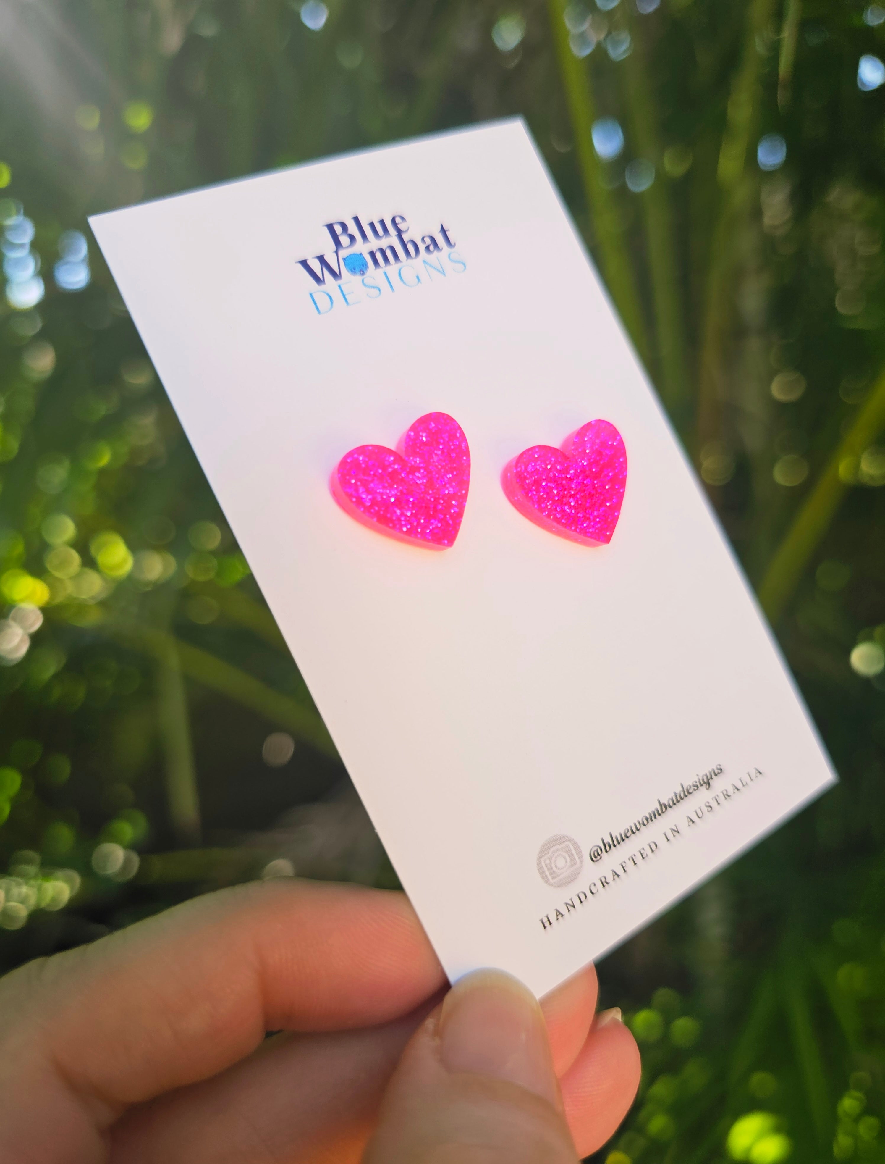 Pink Glitter Resin Love Heart Studs 16mm