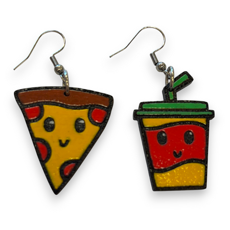 Wooden pizza and drink earrings - hand painted