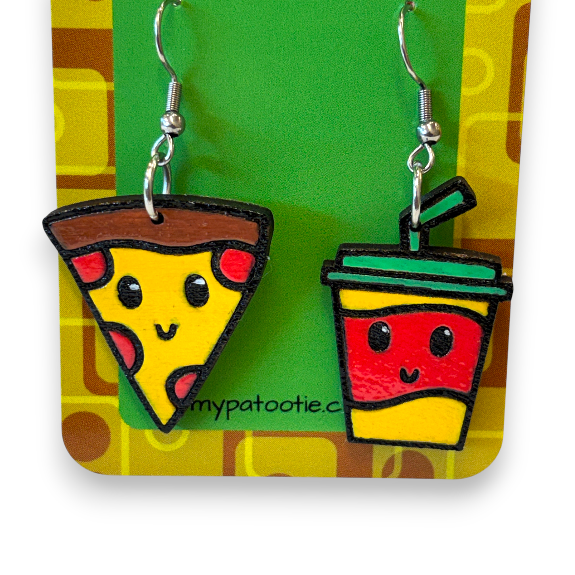 Wooden pizza and drink earrings - hand painted