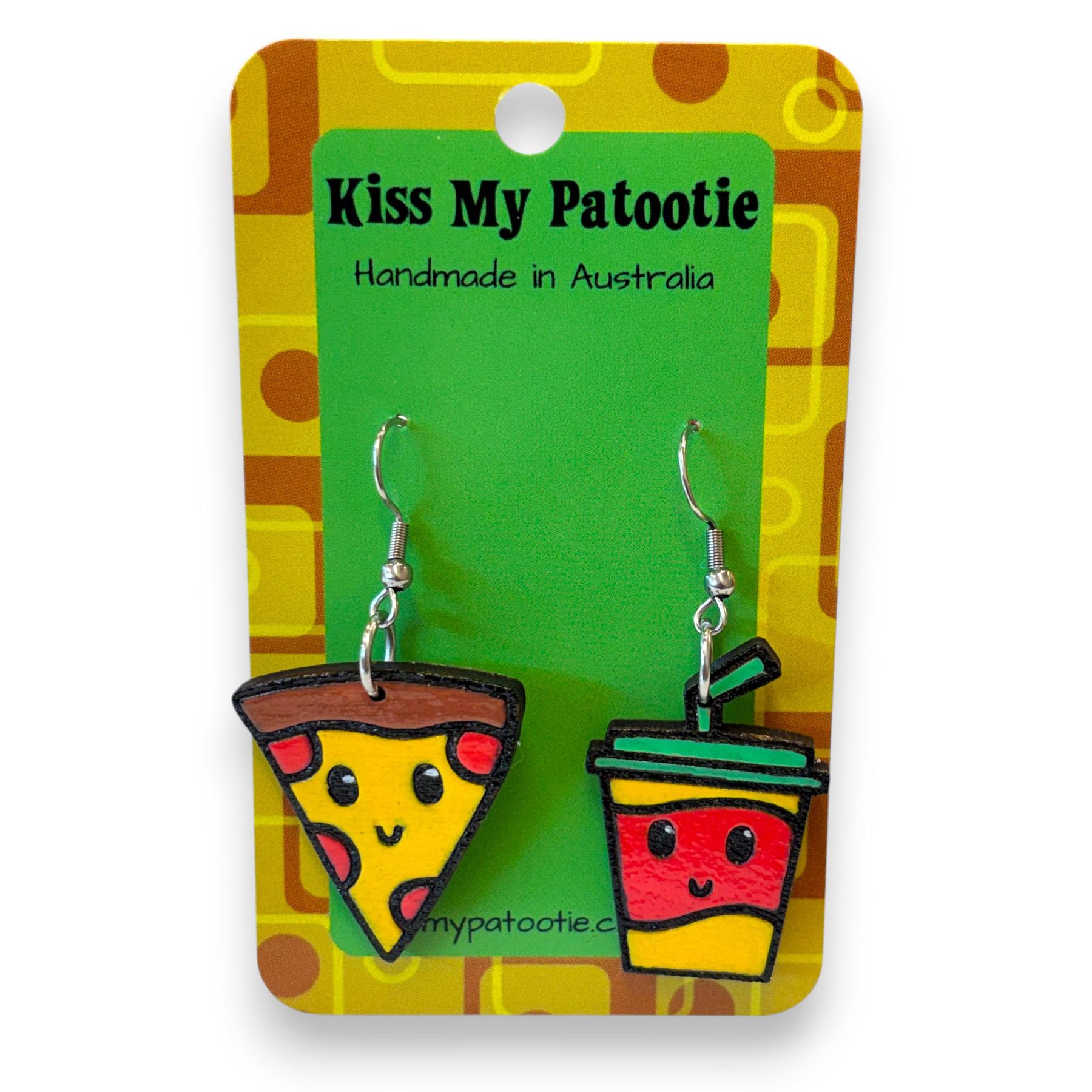 Wooden pizza and drink earrings - hand painted