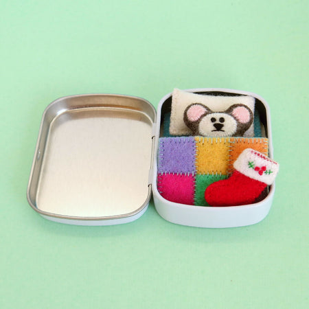 Miniature Christmas Teddy Bear - Wool Felt Play Set - Tin Bed