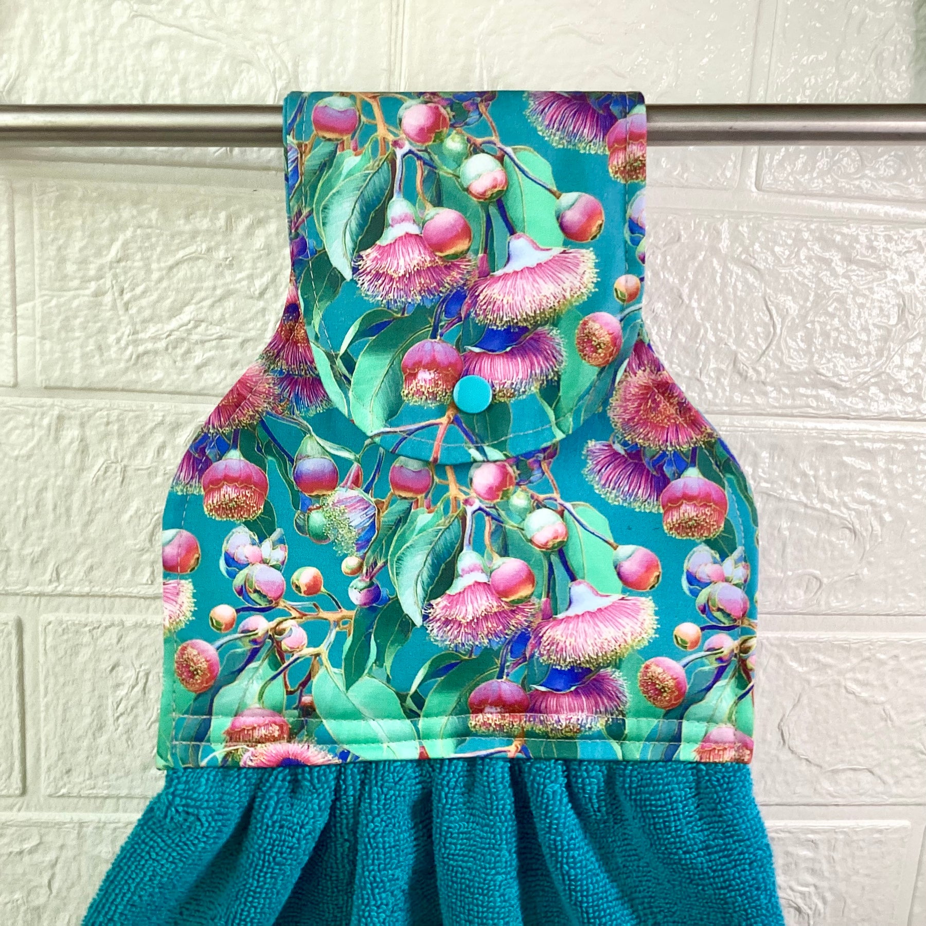 Flowering gum (aqua blue) hanging hand towel.