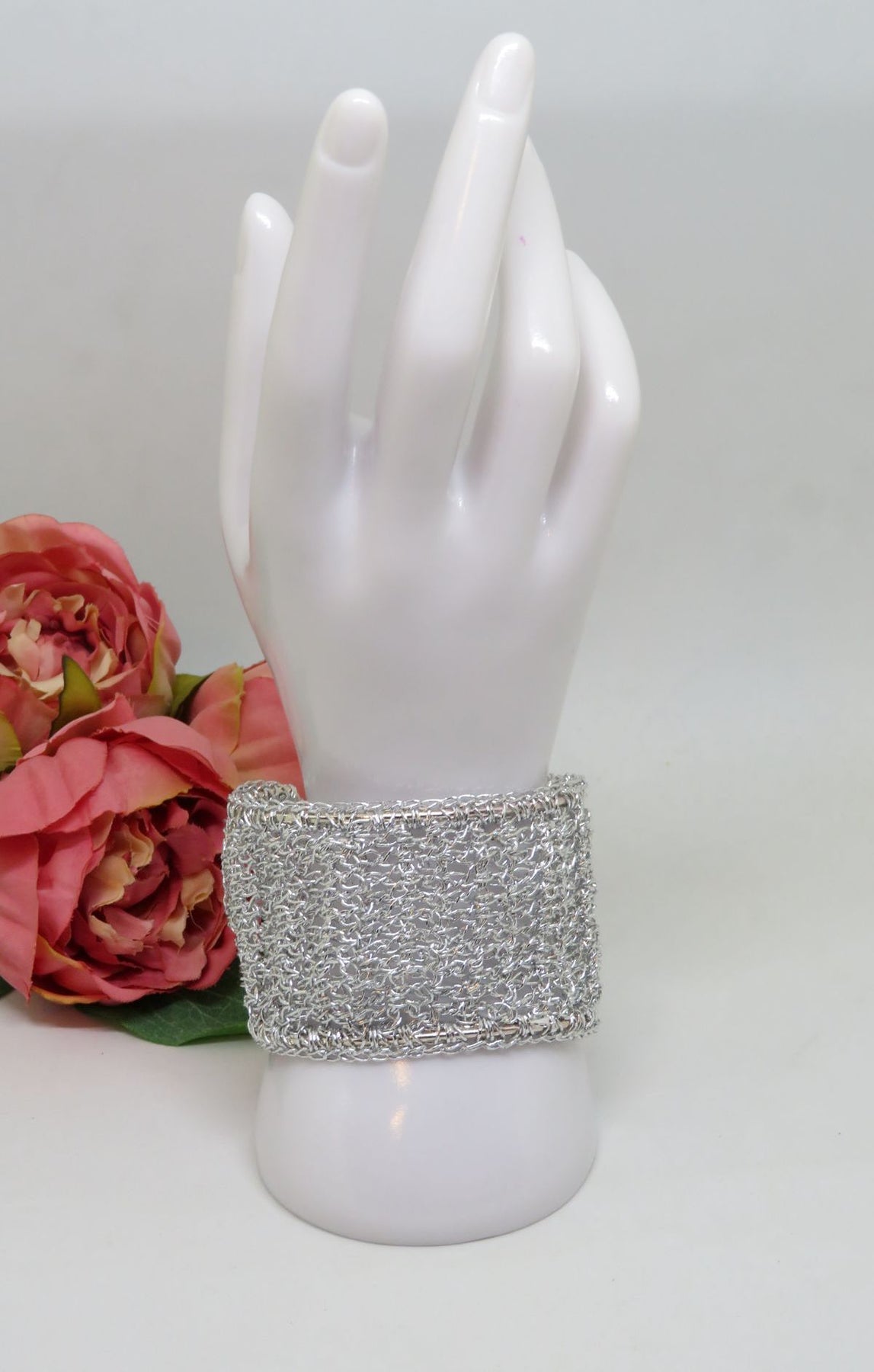 Bespoke Handmade Silver Crochet Shimmer Thread Cuff Bracelet