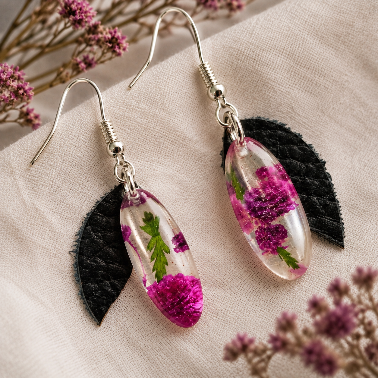 Handmade Bright Pink Floral Resin & Leather Earrings 🌿
