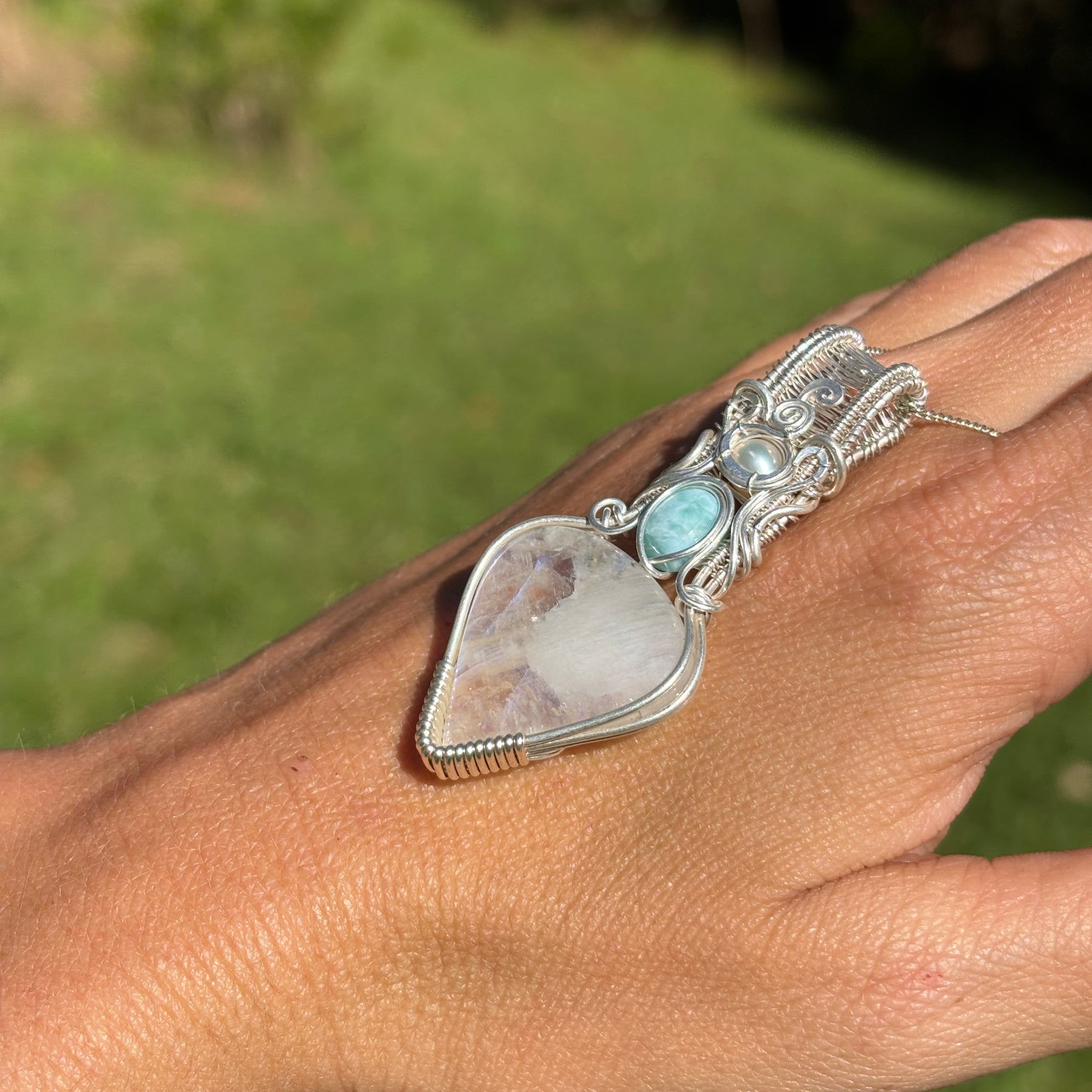 Moonstone, Larimar, Pearl, silver pendant