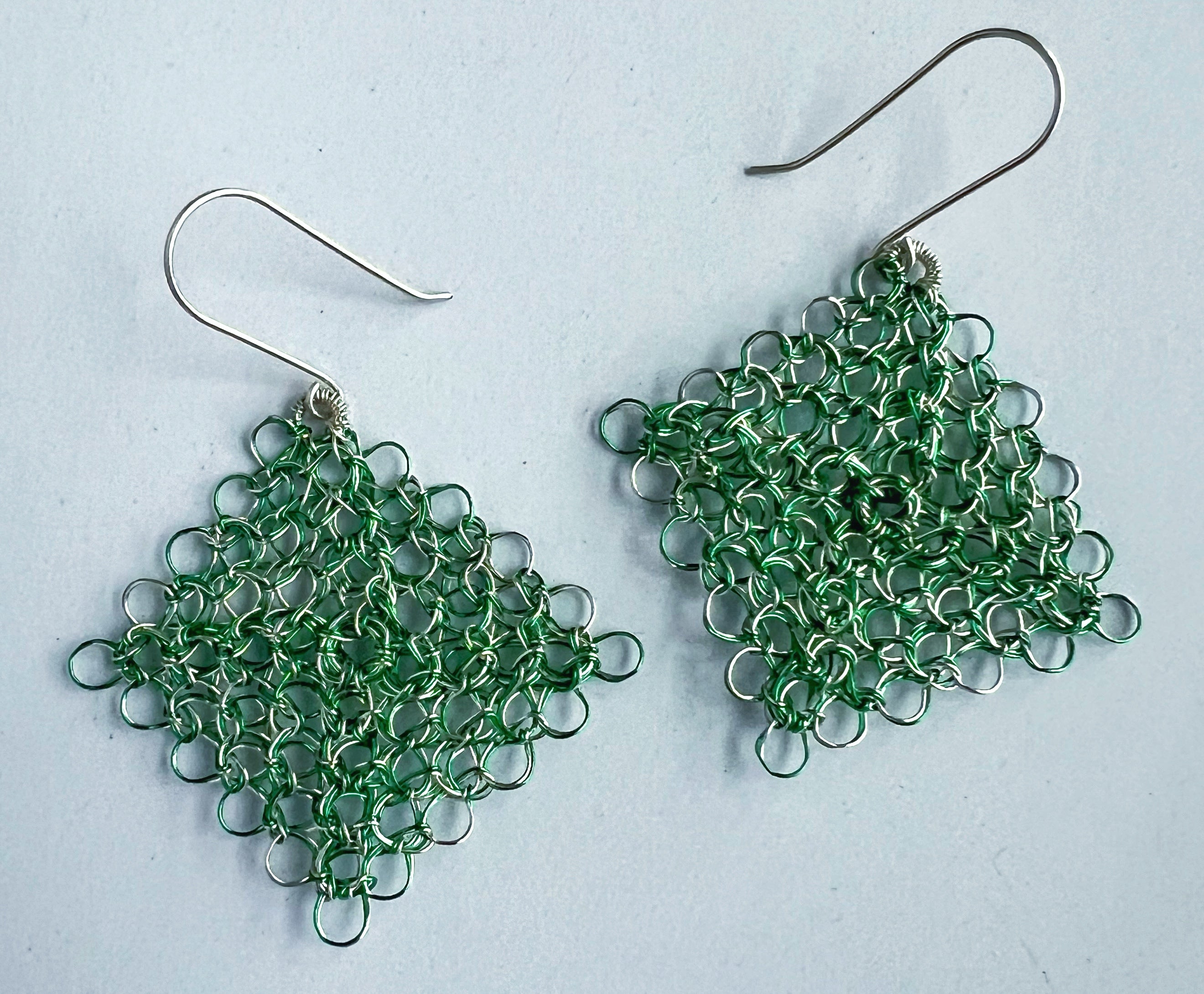 Green/silver Peruvian Wire Weave Earrings with Argentium Silver Hooks