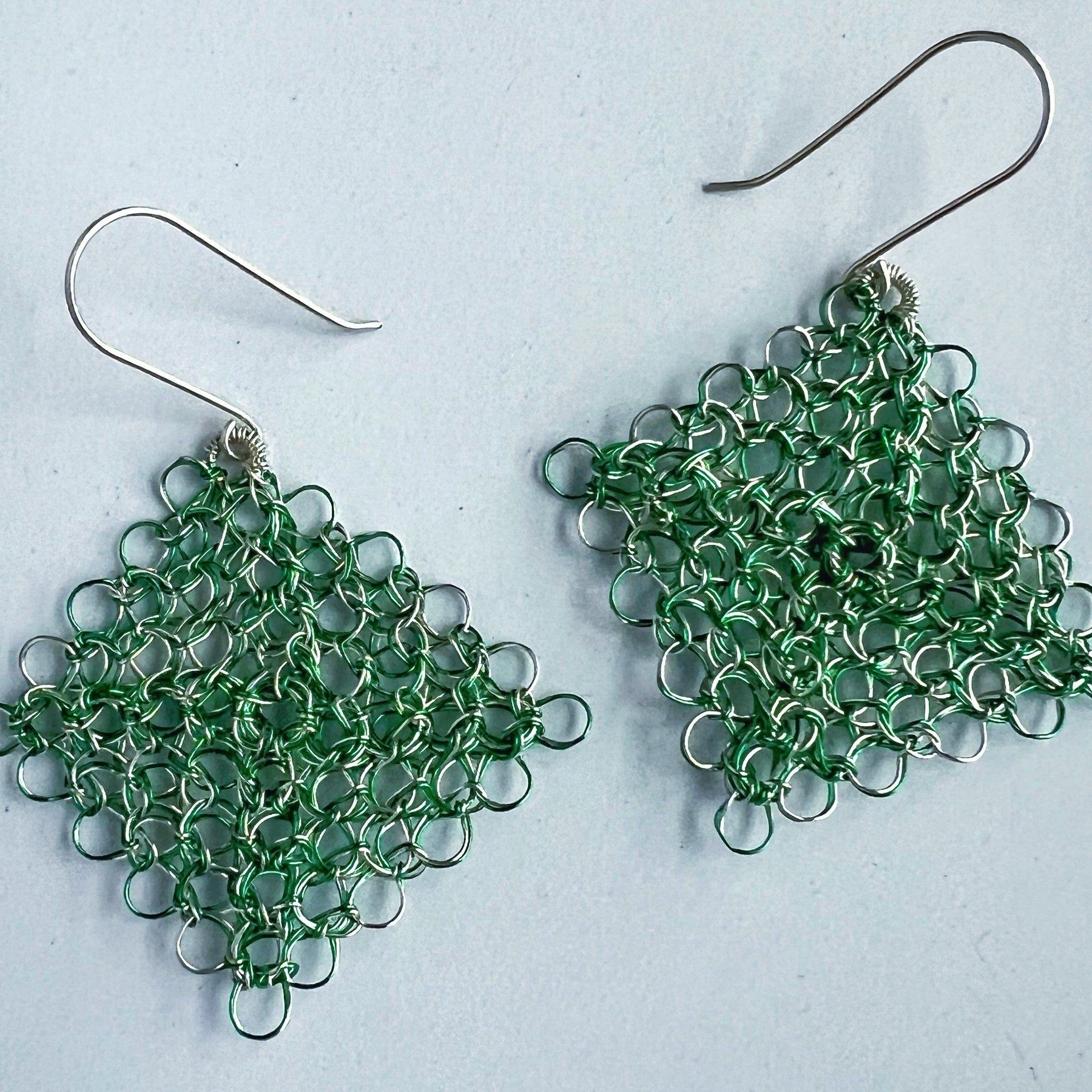 Green/silver Peruvian Wire Weave Earrings with Argentium Silver Hooks