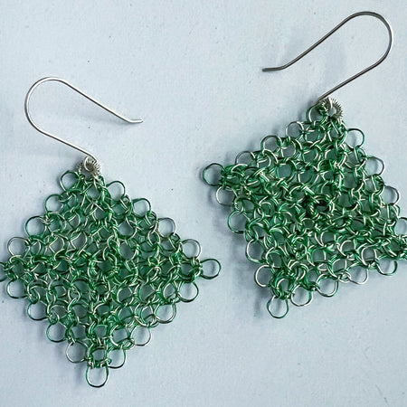Green/silver Peruvian Wire Weave Earrings with Argentium Silver Hooks