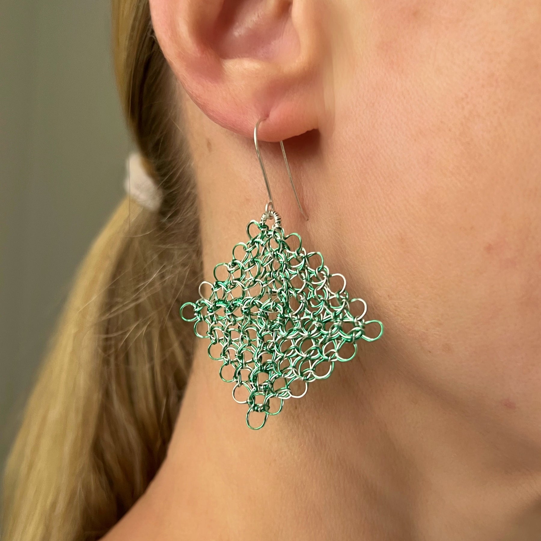 Green/silver Peruvian Wire Weave Earrings with Argentium Silver Hooks