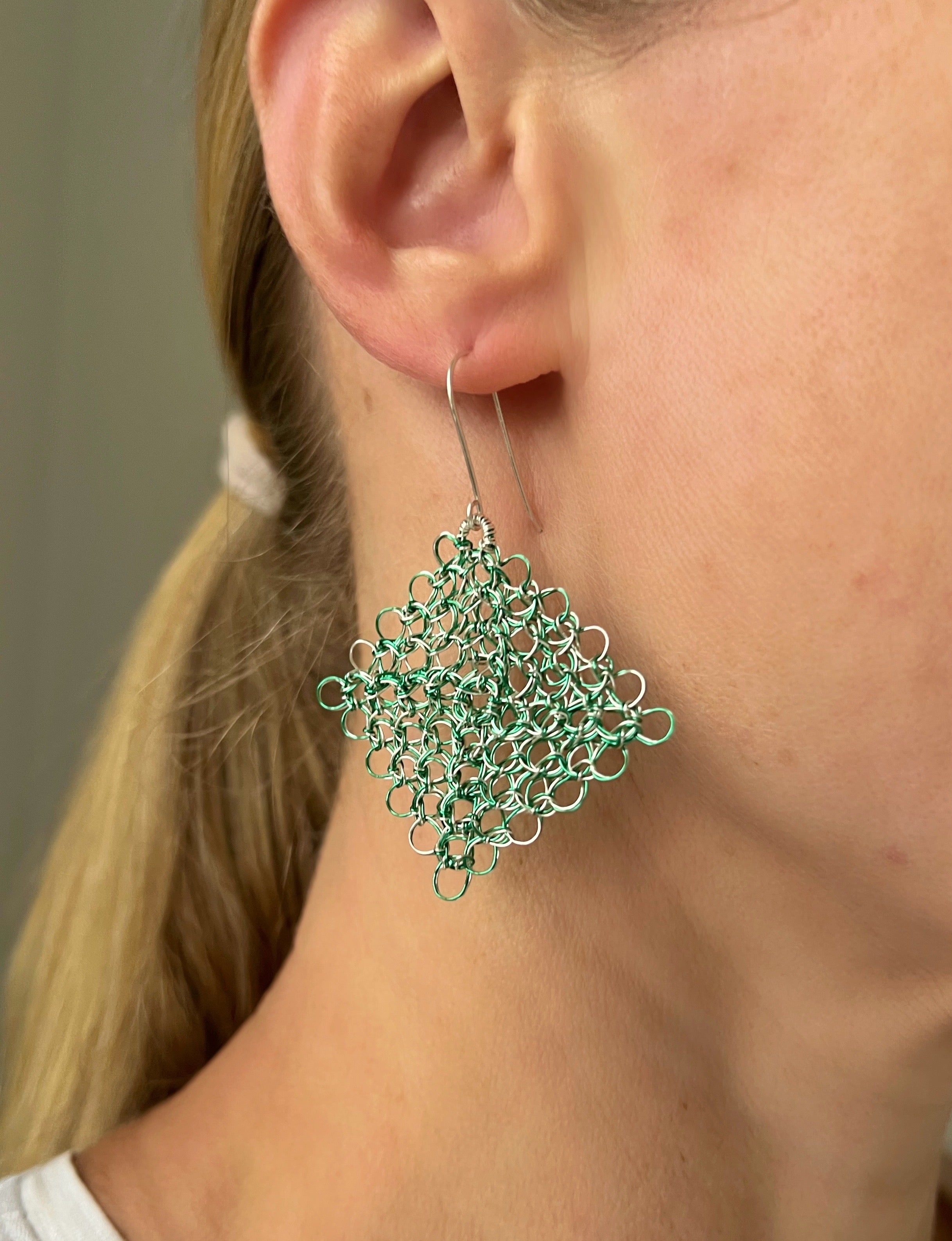 Green/silver Peruvian Wire Weave Earrings with Argentium Silver Hooks