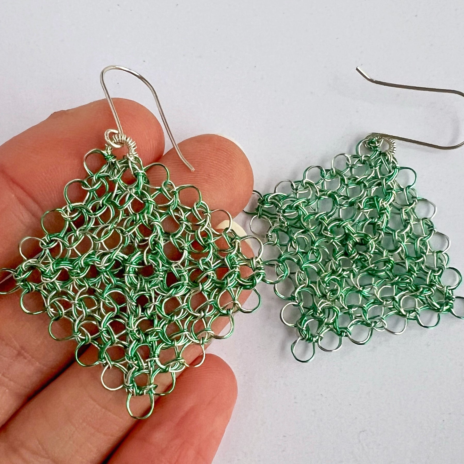 Green/silver Peruvian Wire Weave Earrings with Argentium Silver Hooks