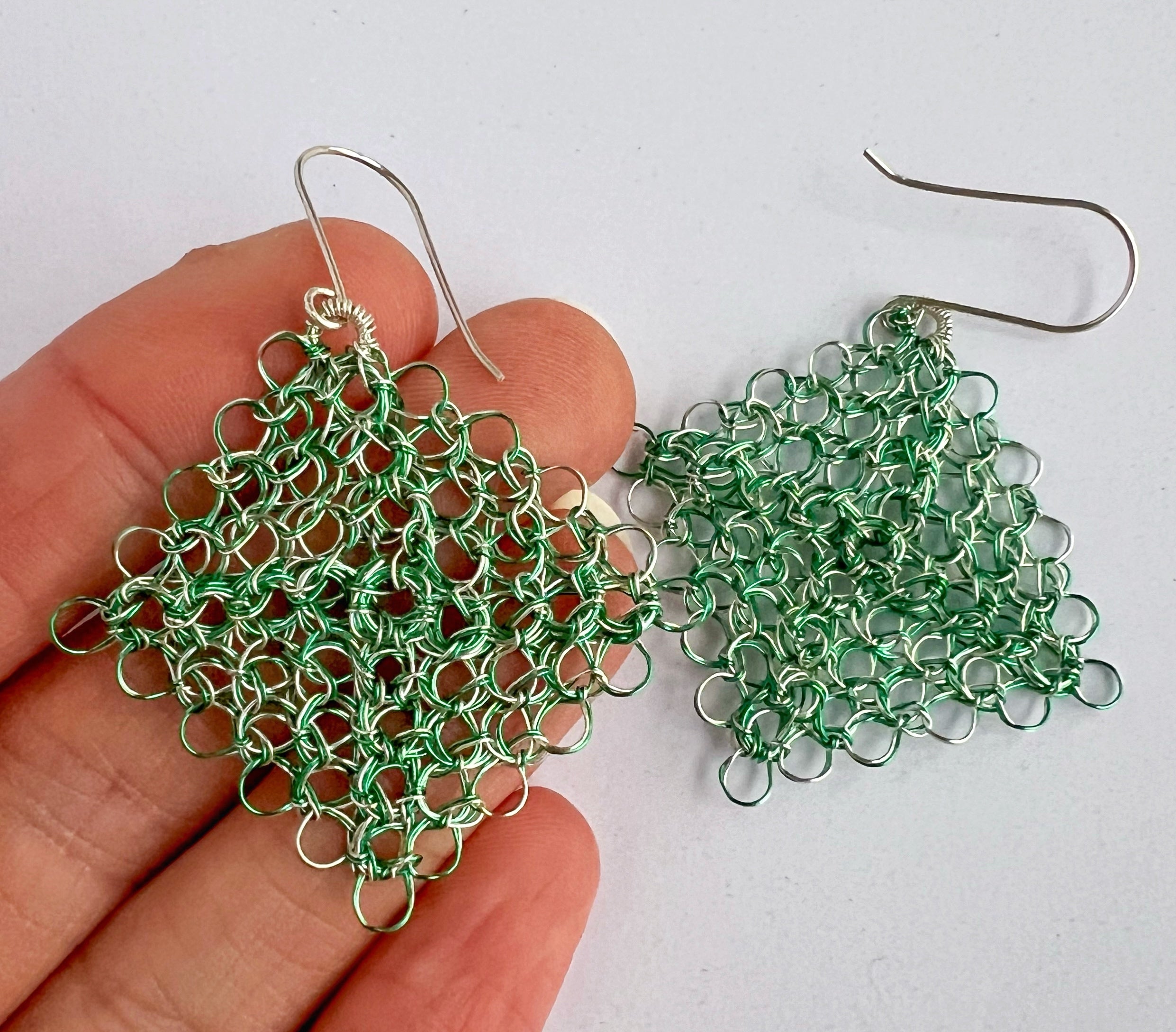 Green/silver Peruvian Wire Weave Earrings with Argentium Silver Hooks