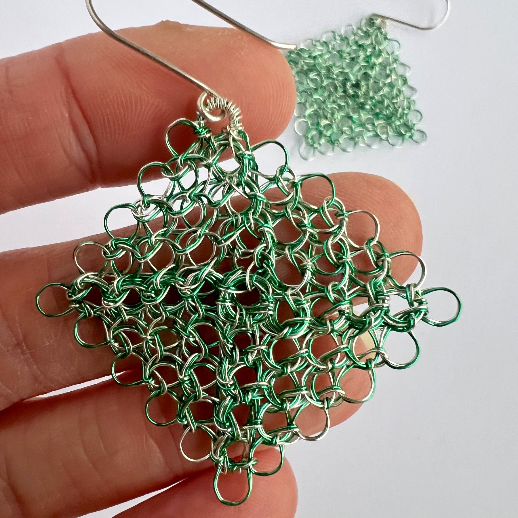 Green/silver Peruvian Wire Weave Earrings with Argentium Silver Hooks