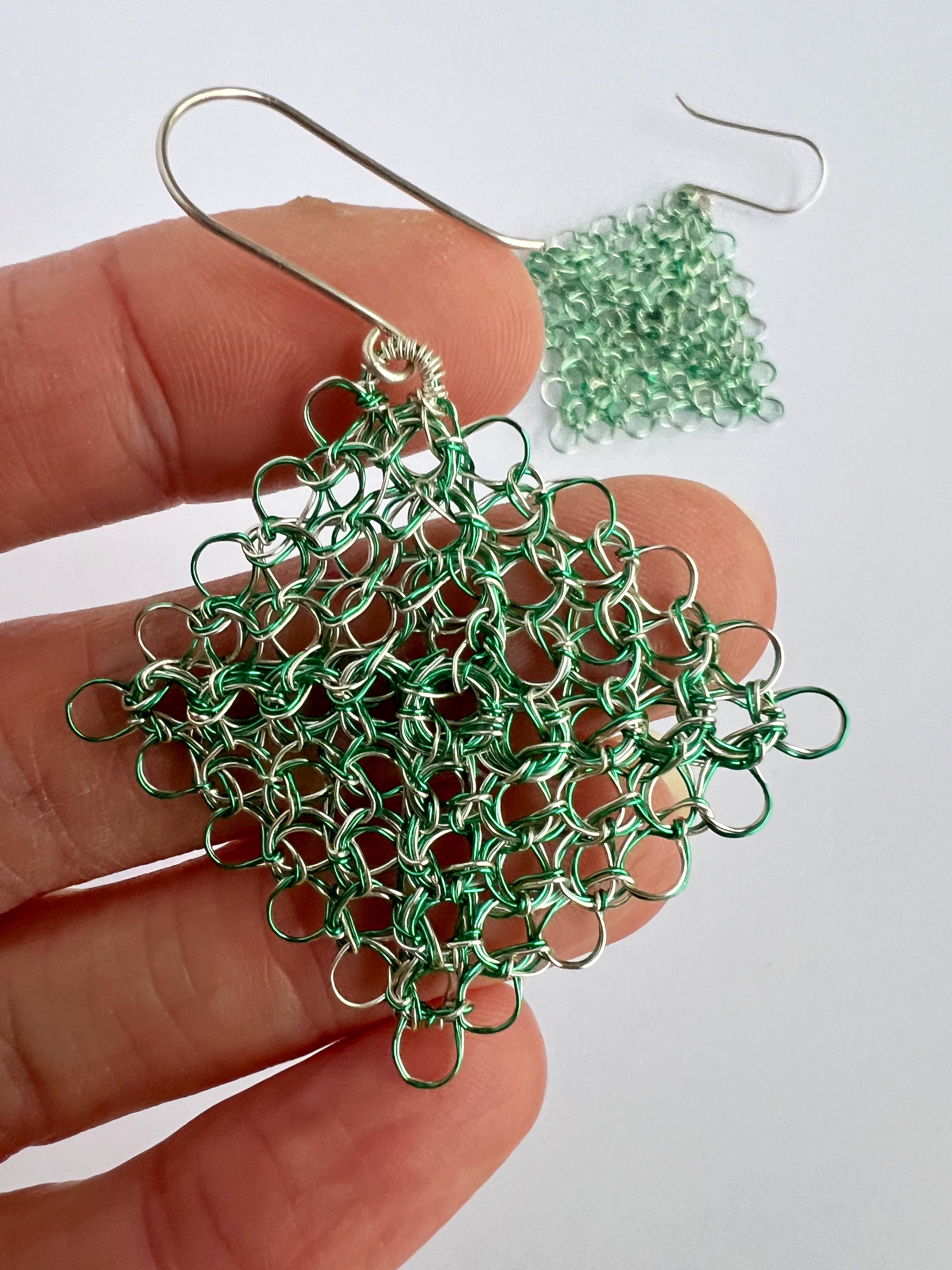 Green/silver Peruvian Wire Weave Earrings with Argentium Silver Hooks