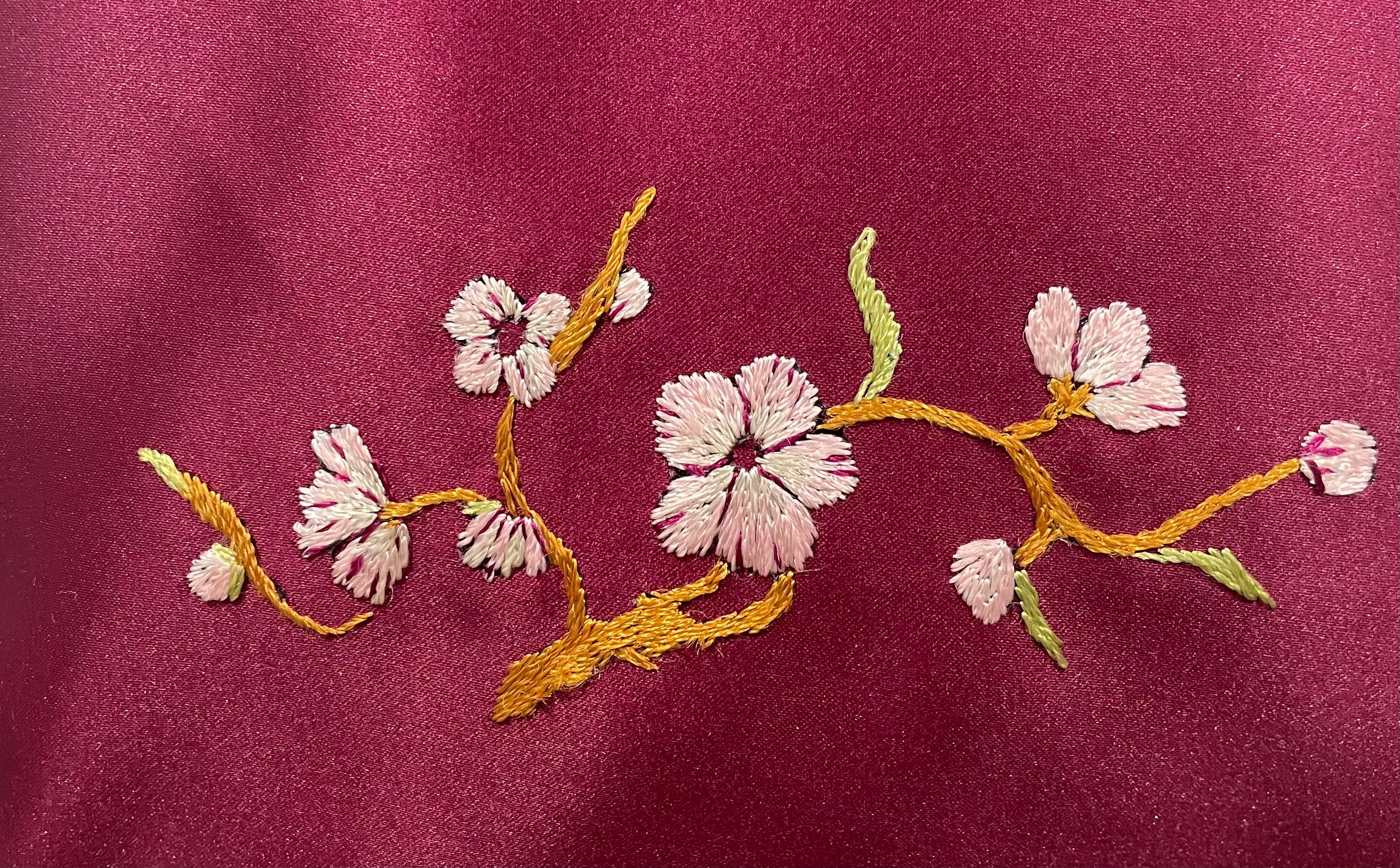 Handmade Plum Satin Handbag, Cherry Blossom Embroidery