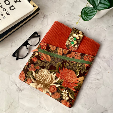 Australian wildflowers Waratahs fabric book sleeve with 2 pockets. iPad, tablet pouch