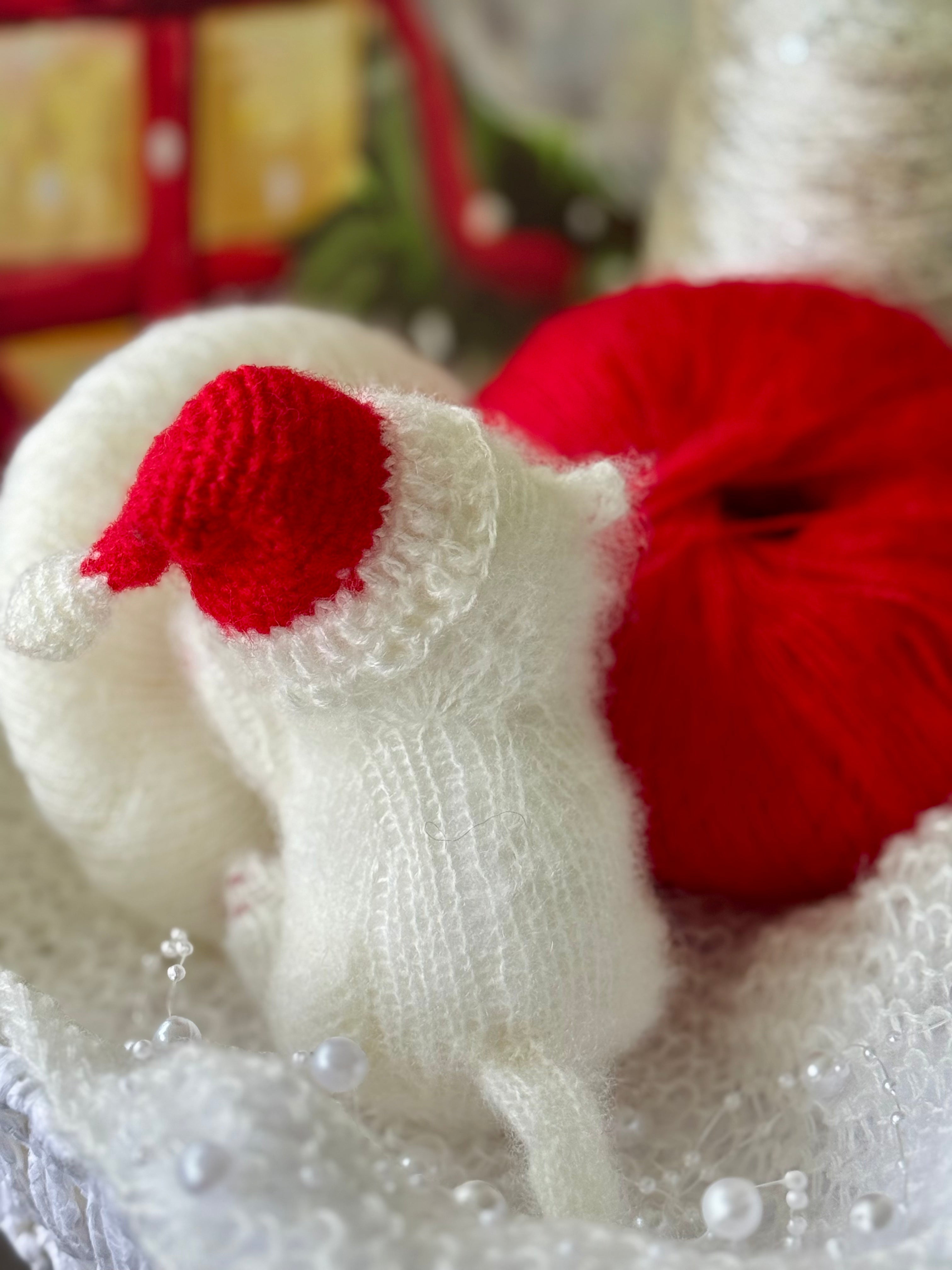 Handmade Christmas White Knitted Sleeping Kitty in Red Santa Hat Toy