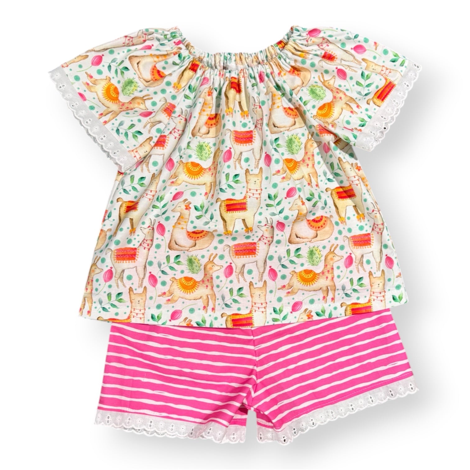 SIZE 2 Llama Print Top & Pink Stripe Shorts Set