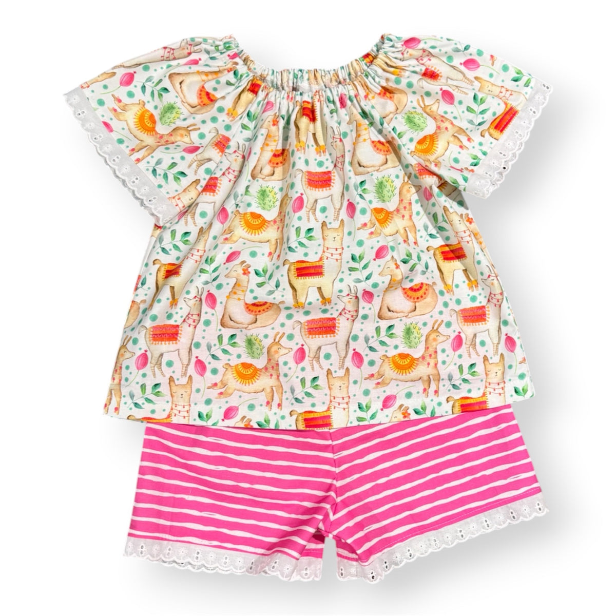 SIZE 2 Llama Print Top & Pink Stripe Shorts Set