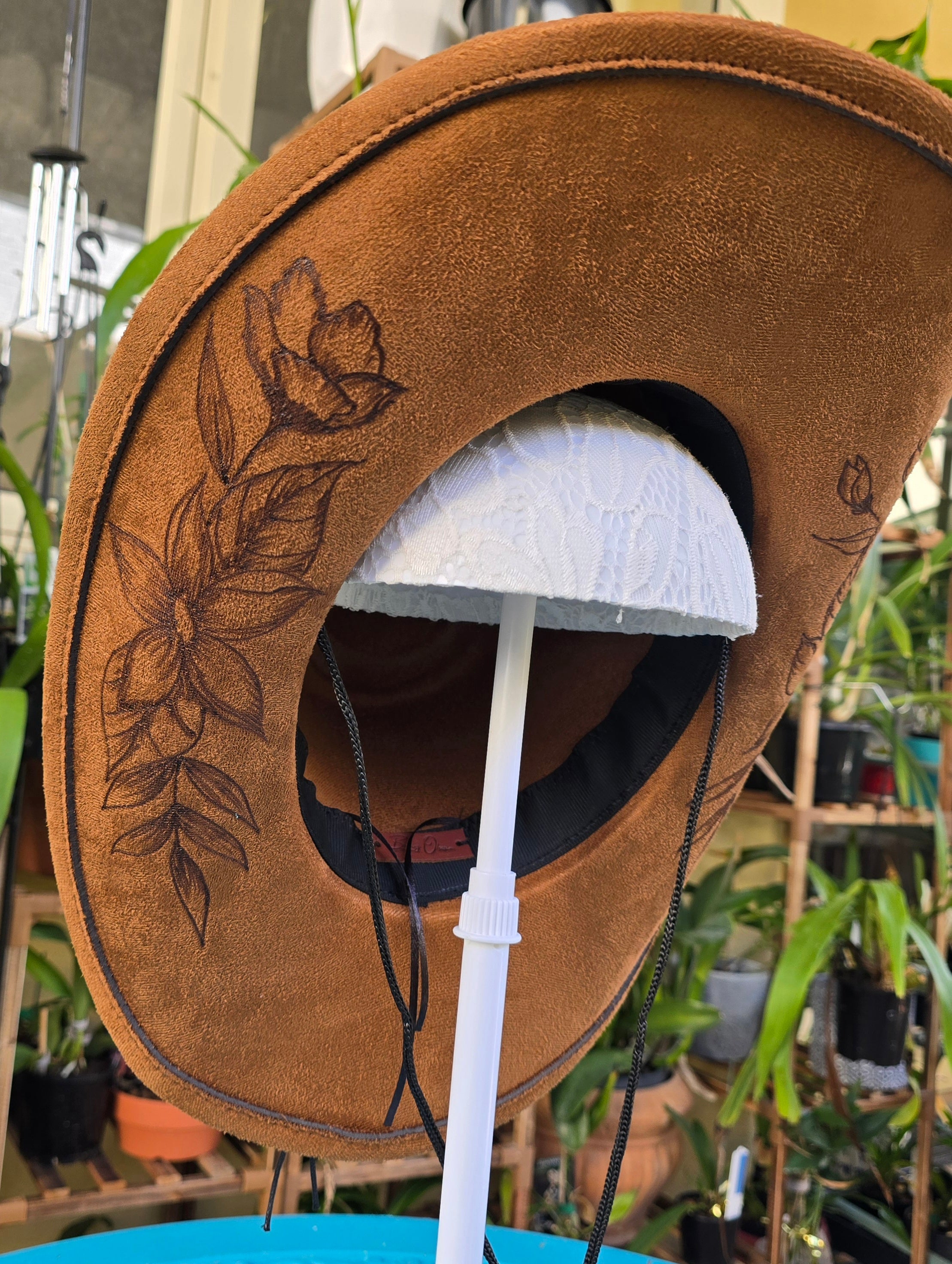 Hand burnt pyrography cowboy hat: The Wild Botanical