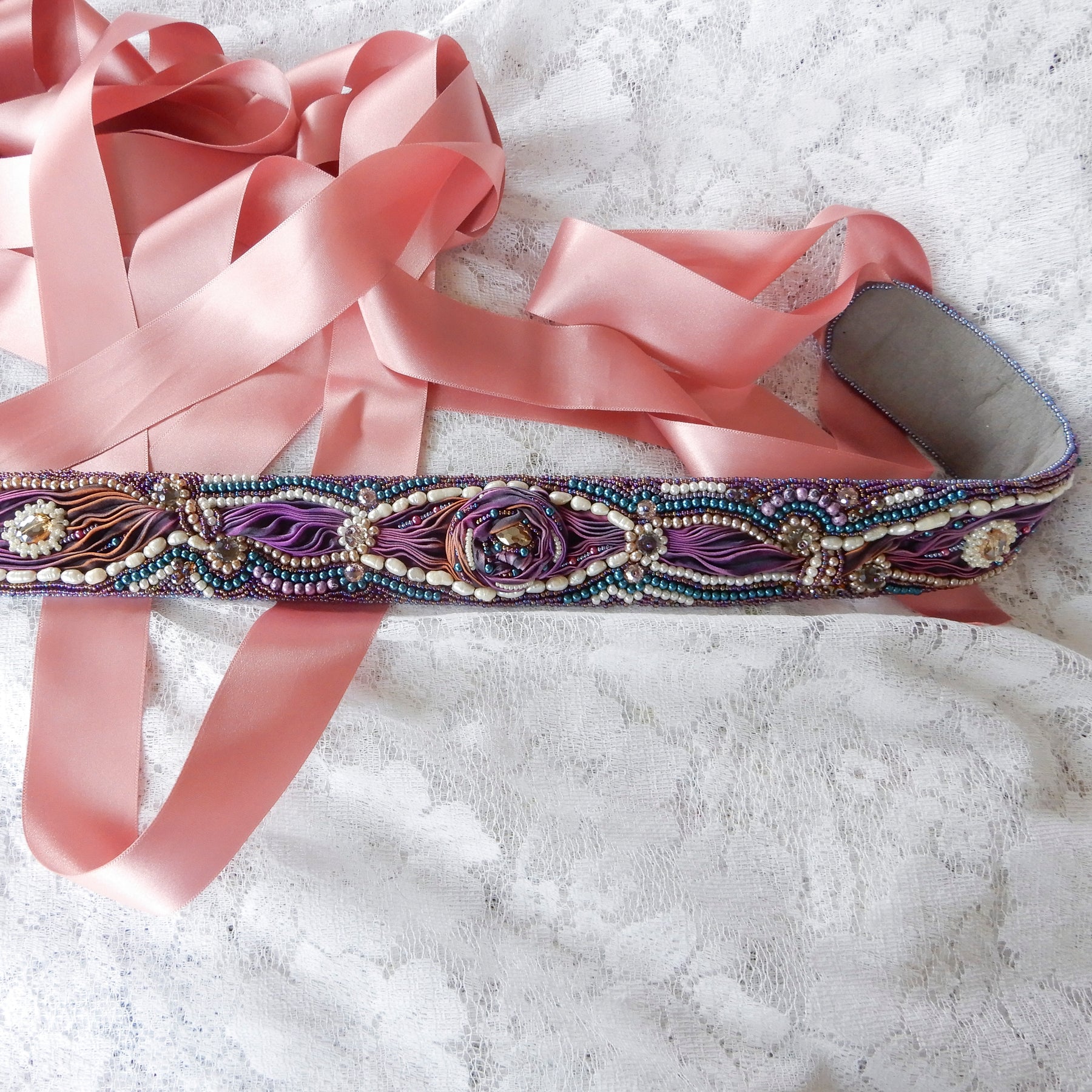Bead Embroidered Bridal Sash Belt in Mostly Purple