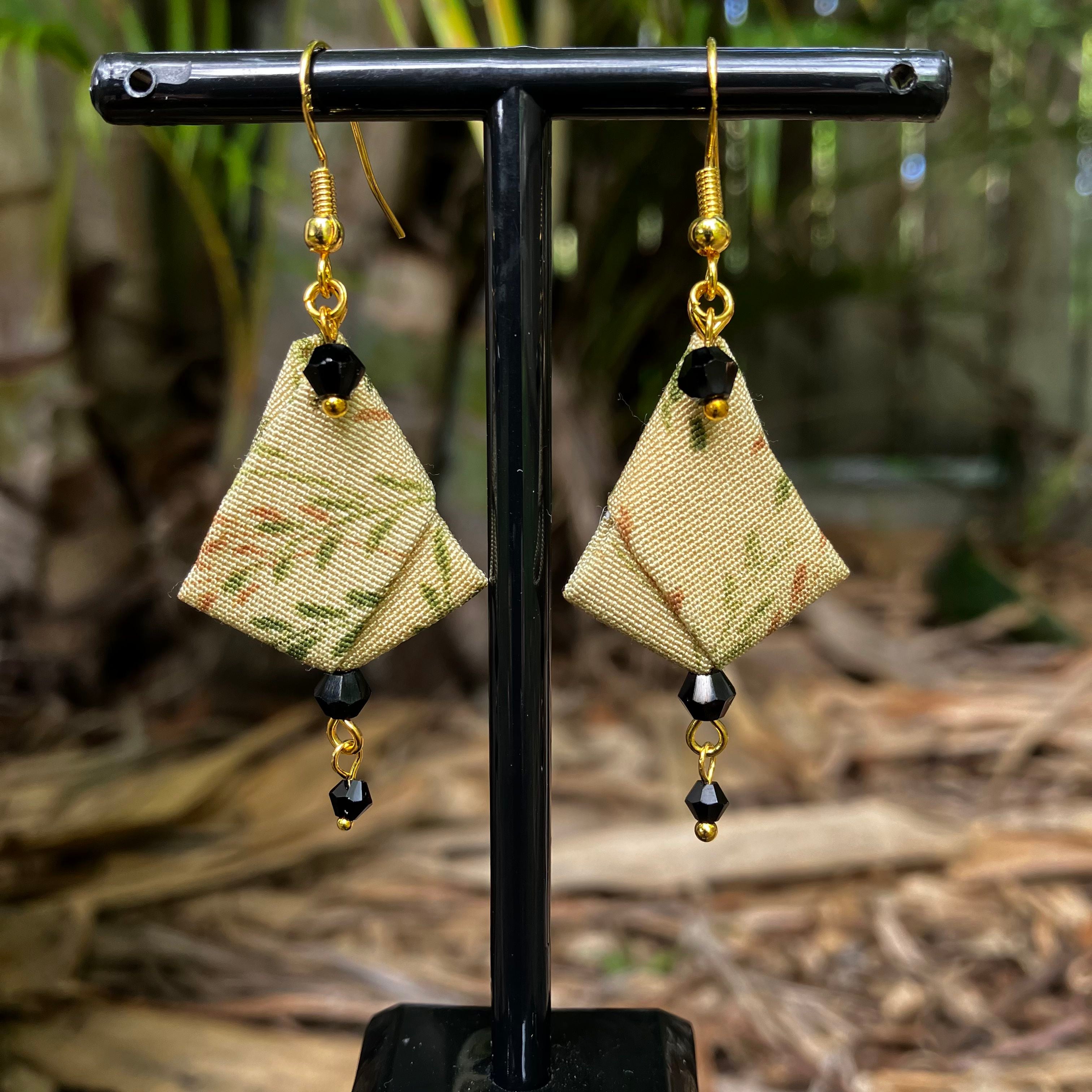 Origami Silk Kimono Earrings – Upcycled Japanese Fabric – Gold and Earthy Greens