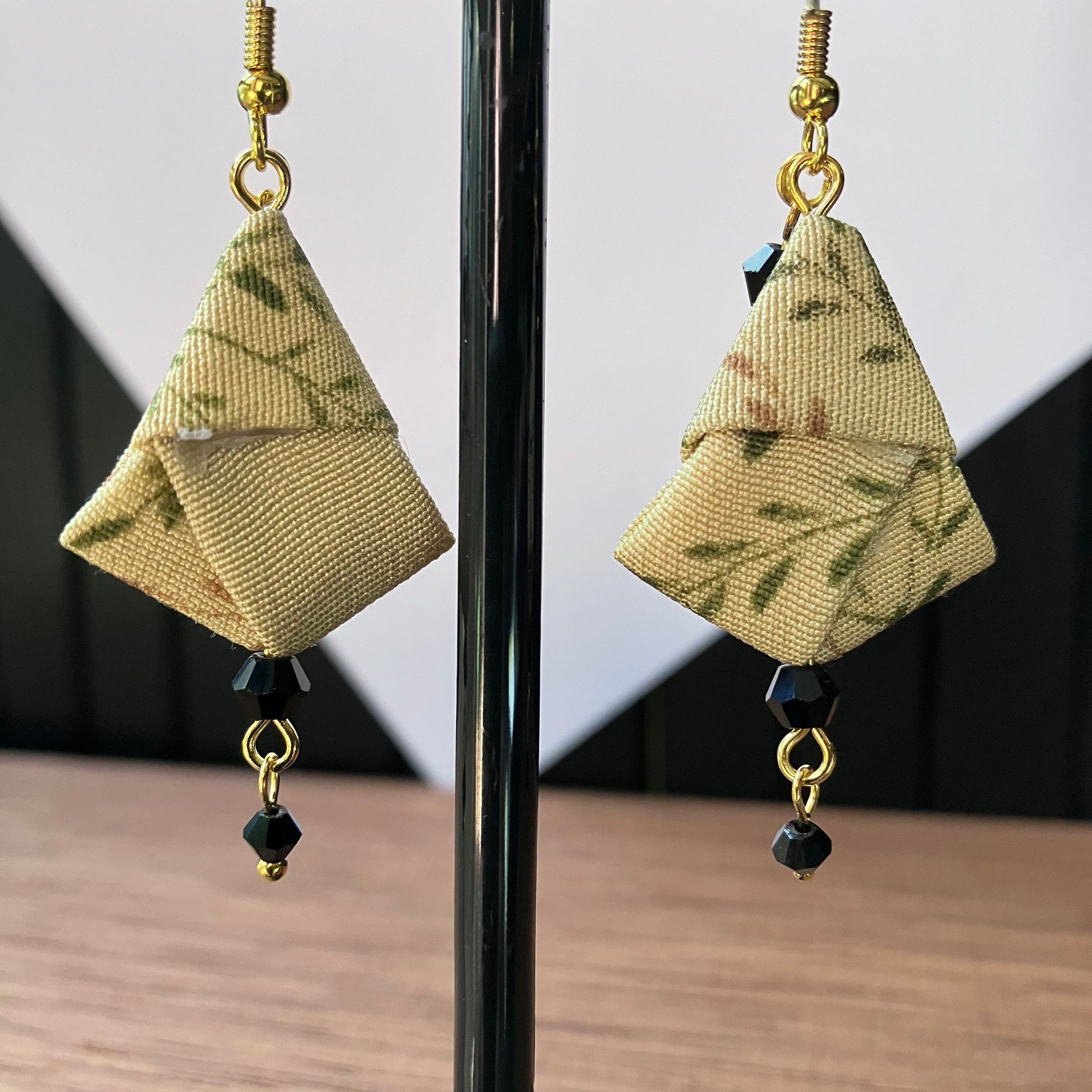 Origami Silk Kimono Earrings – Upcycled Japanese Fabric – Gold and Earthy Greens