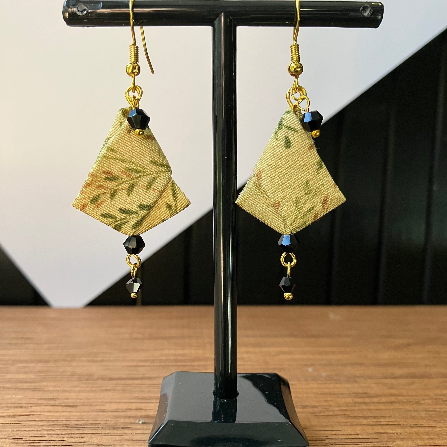 Origami Silk Kimono Earrings – Upcycled Japanese Fabric – Gold and Earthy Greens
