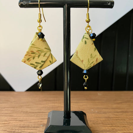 Origami Silk Kimono Earrings – Upcycled Japanese Fabric – Gold and Earthy Greens
