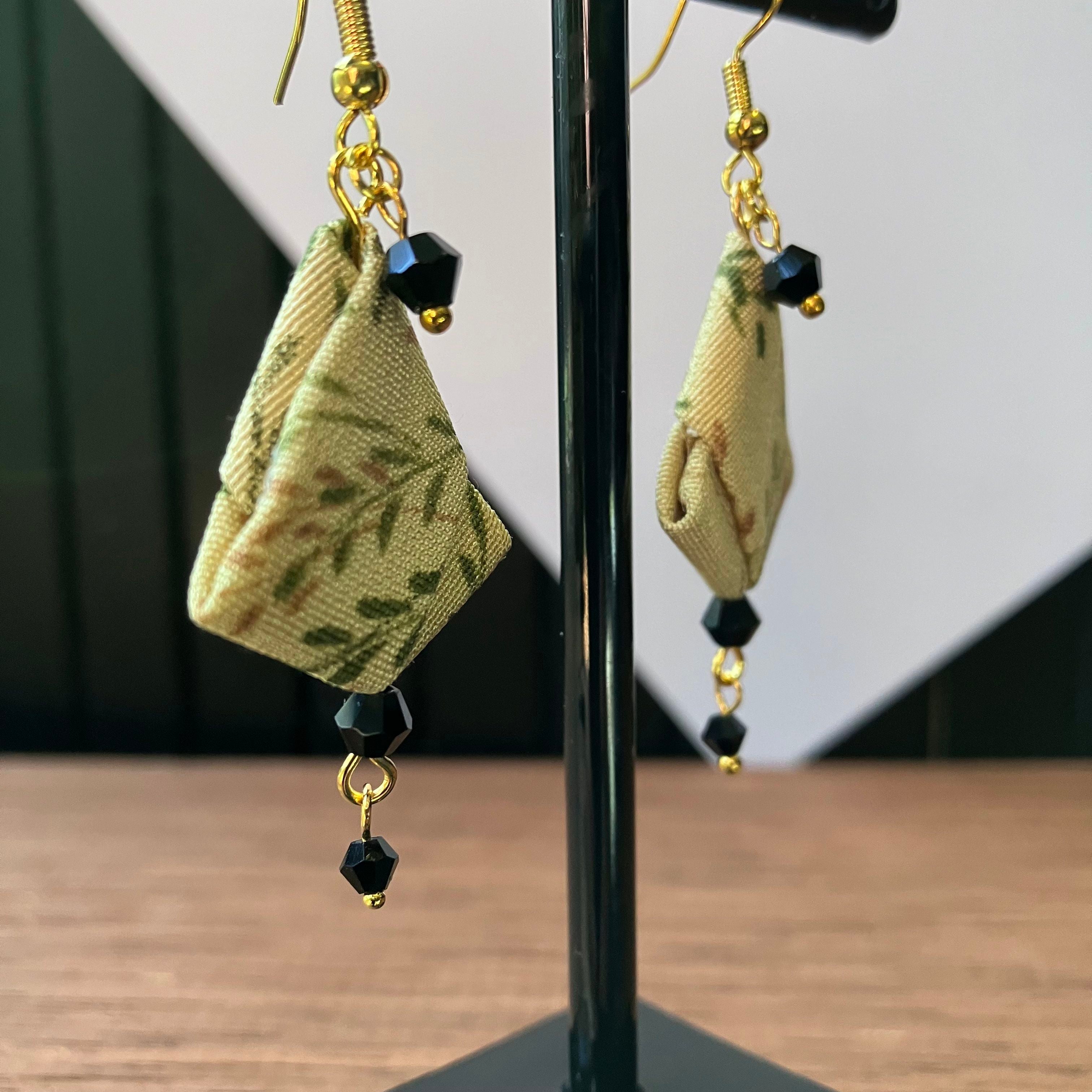 Origami Silk Kimono Earrings – Upcycled Japanese Fabric – Gold and Earthy Greens