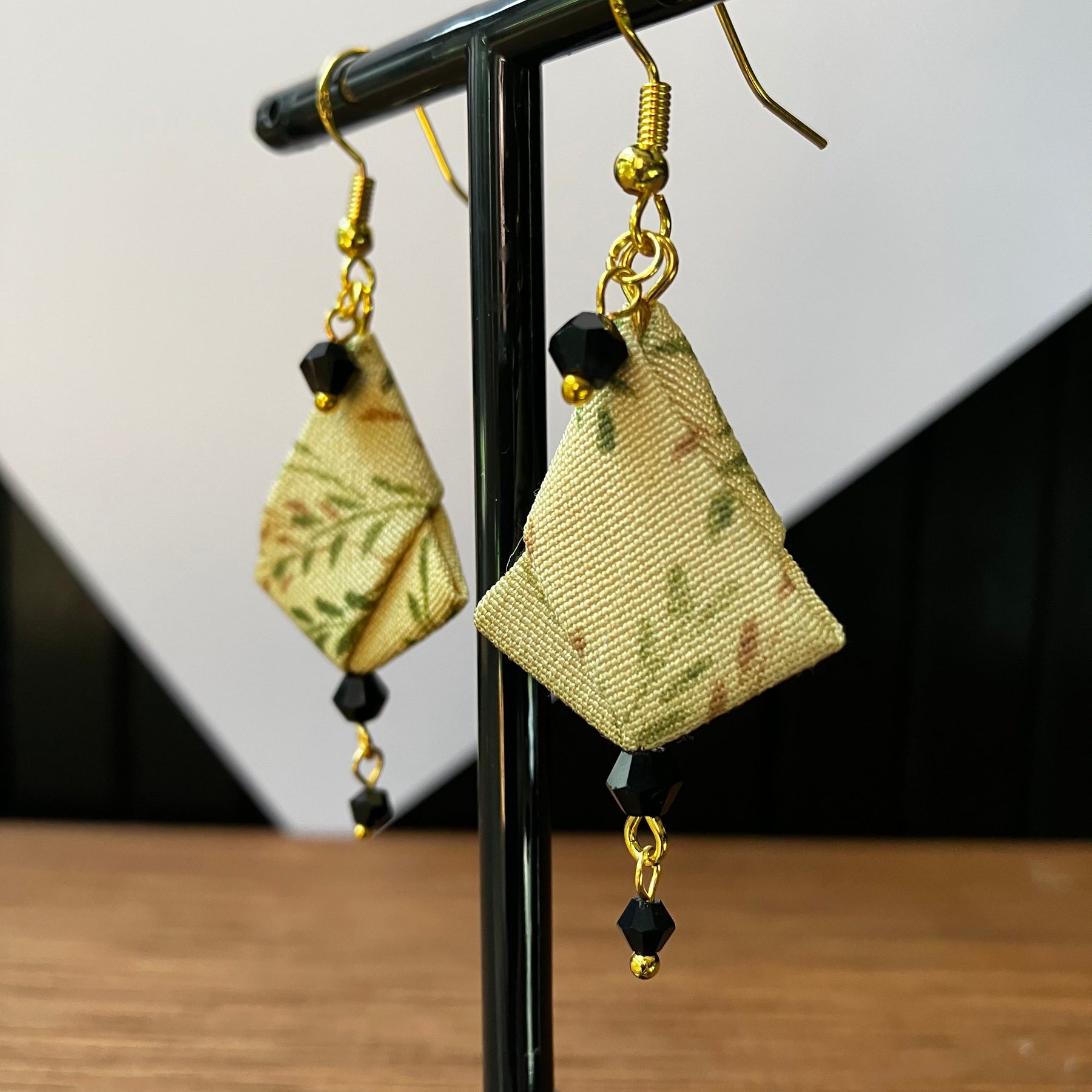 Origami Silk Kimono Earrings – Upcycled Japanese Fabric – Gold and Earthy Greens