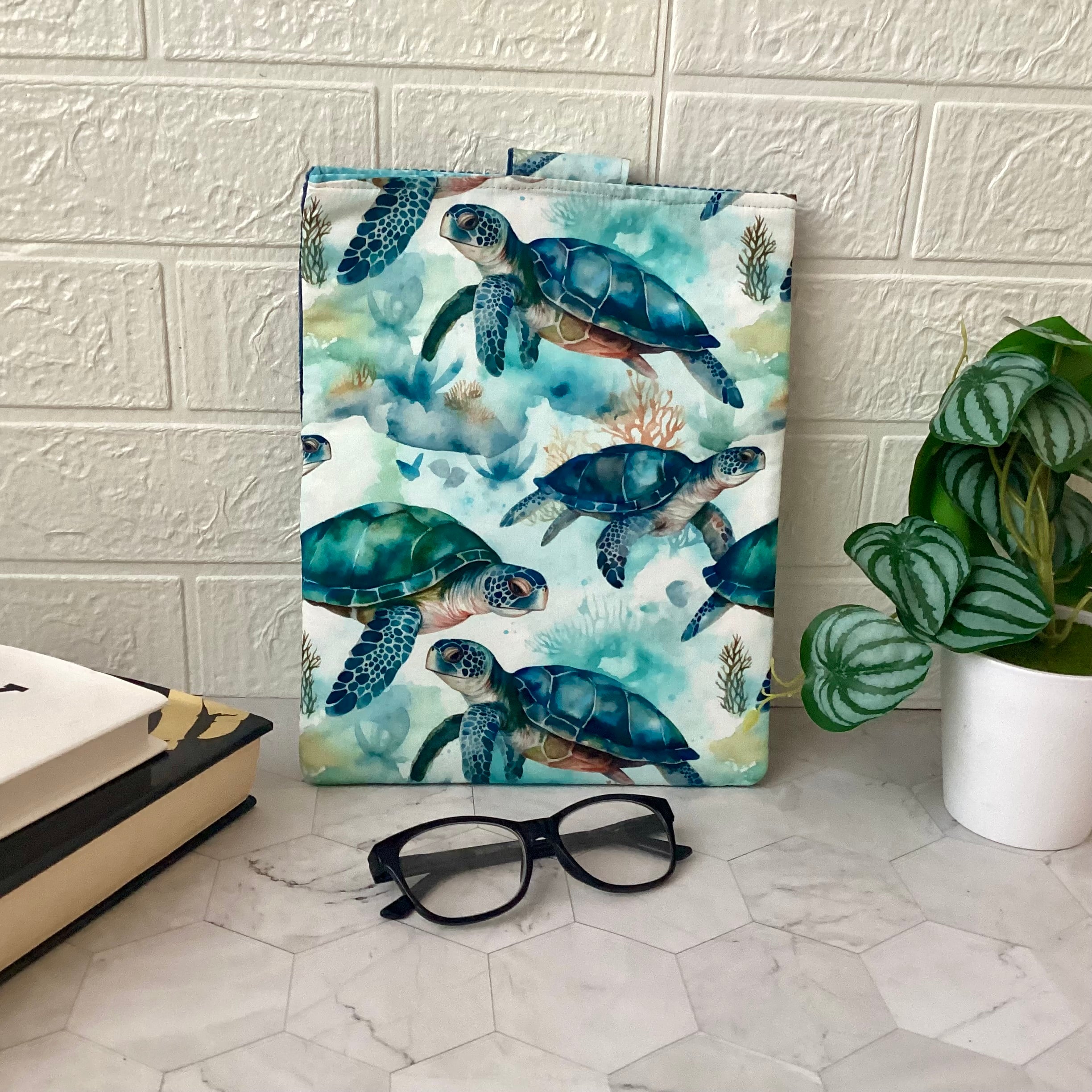Sea turtle fabric book sleeve with 2 pockets. iPad, tablet pouch